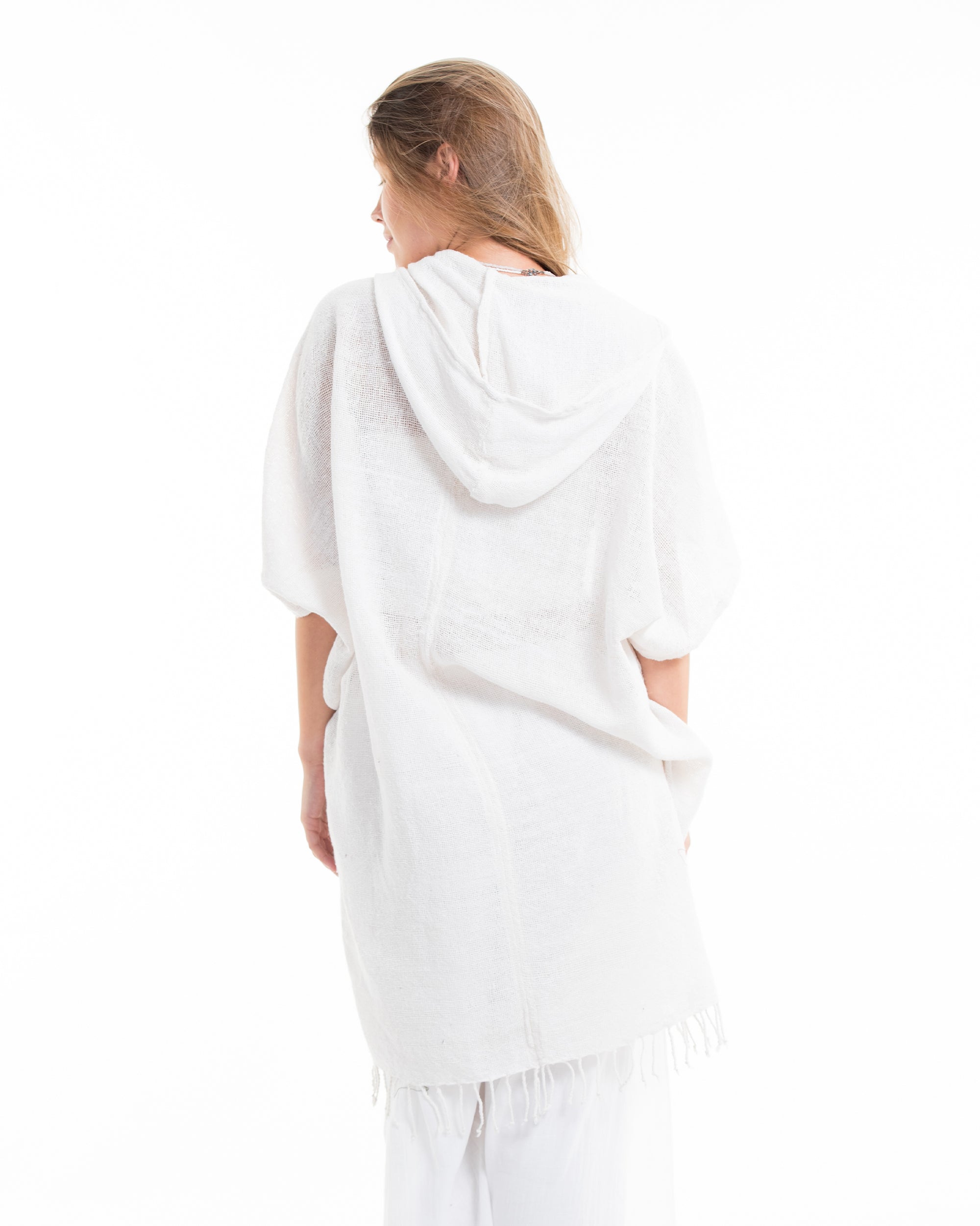 Hand-Woven Cotton Hooded Kimono Cardigan in White
