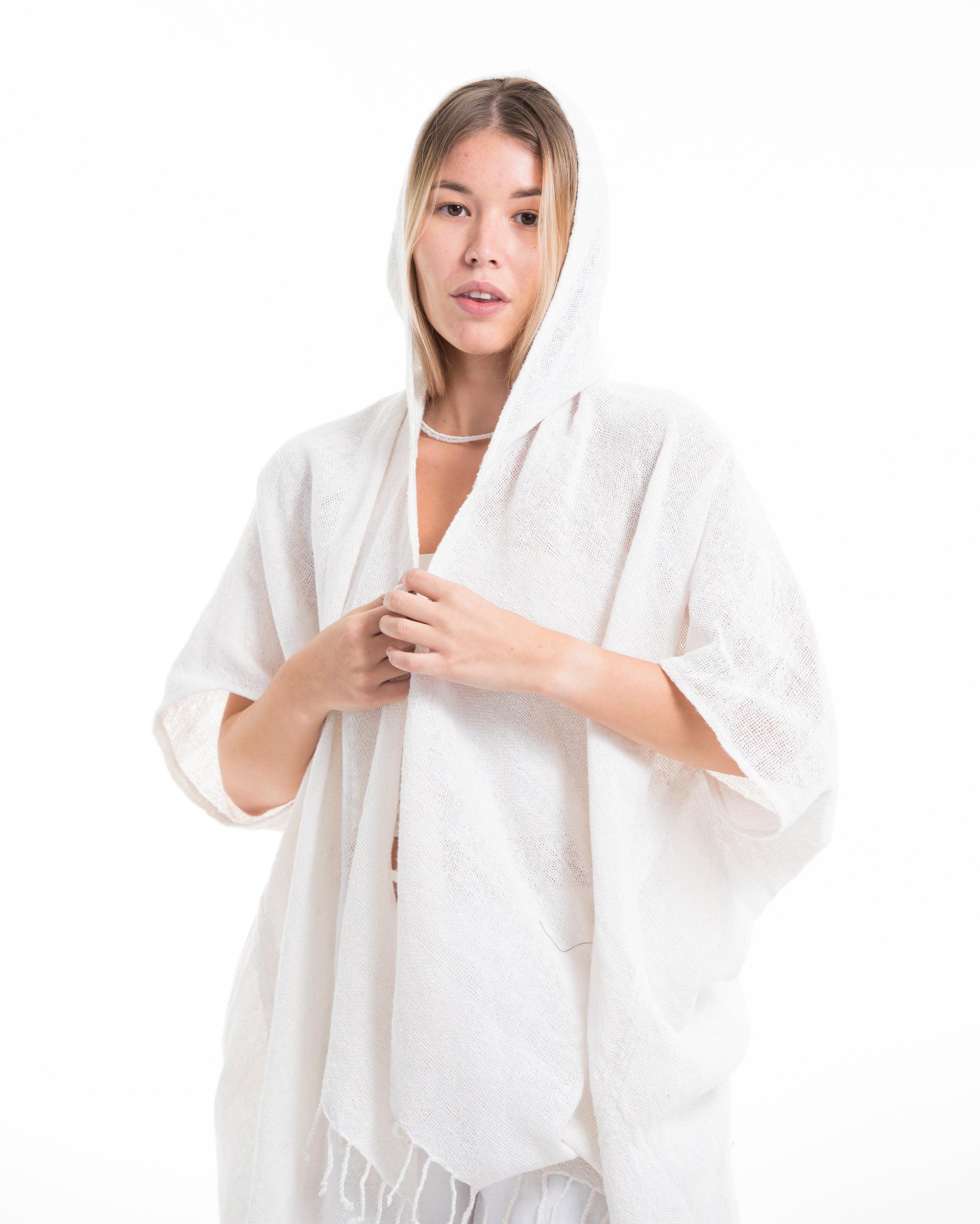 Hand-Woven Cotton Hooded Kimono Cardigan in White