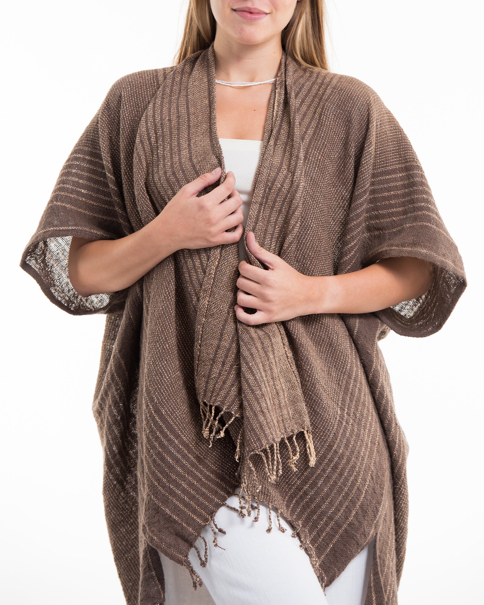 Hand-Woven Cotton Kimono Cardigan with Scarf in Brown Cream