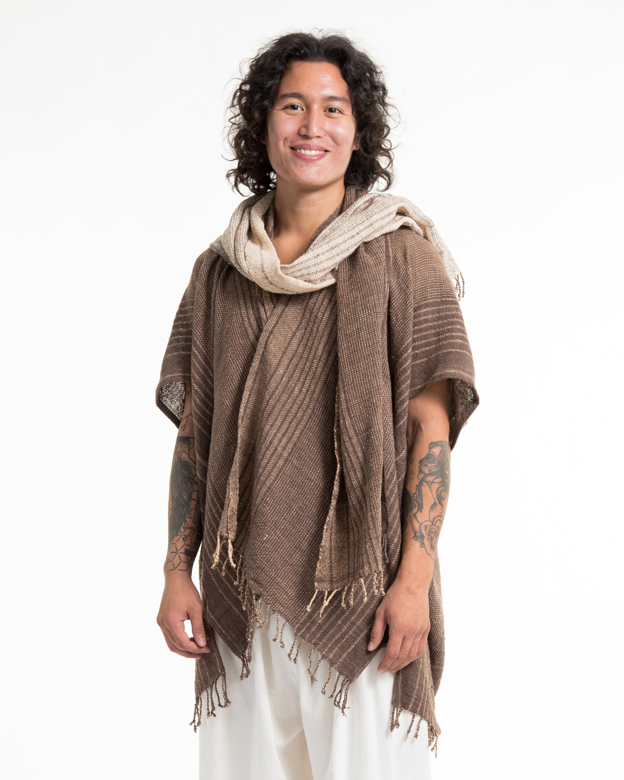 Hand-Woven Cotton Kimono Cardigan with Scarf in Brown Cream