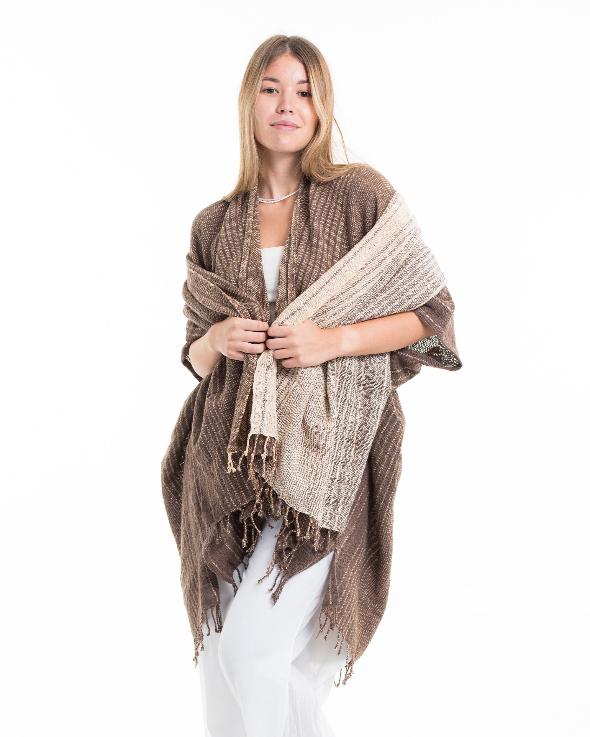 Hand-Woven Cotton Kimono Cardigan with Scarf in Brown Cream