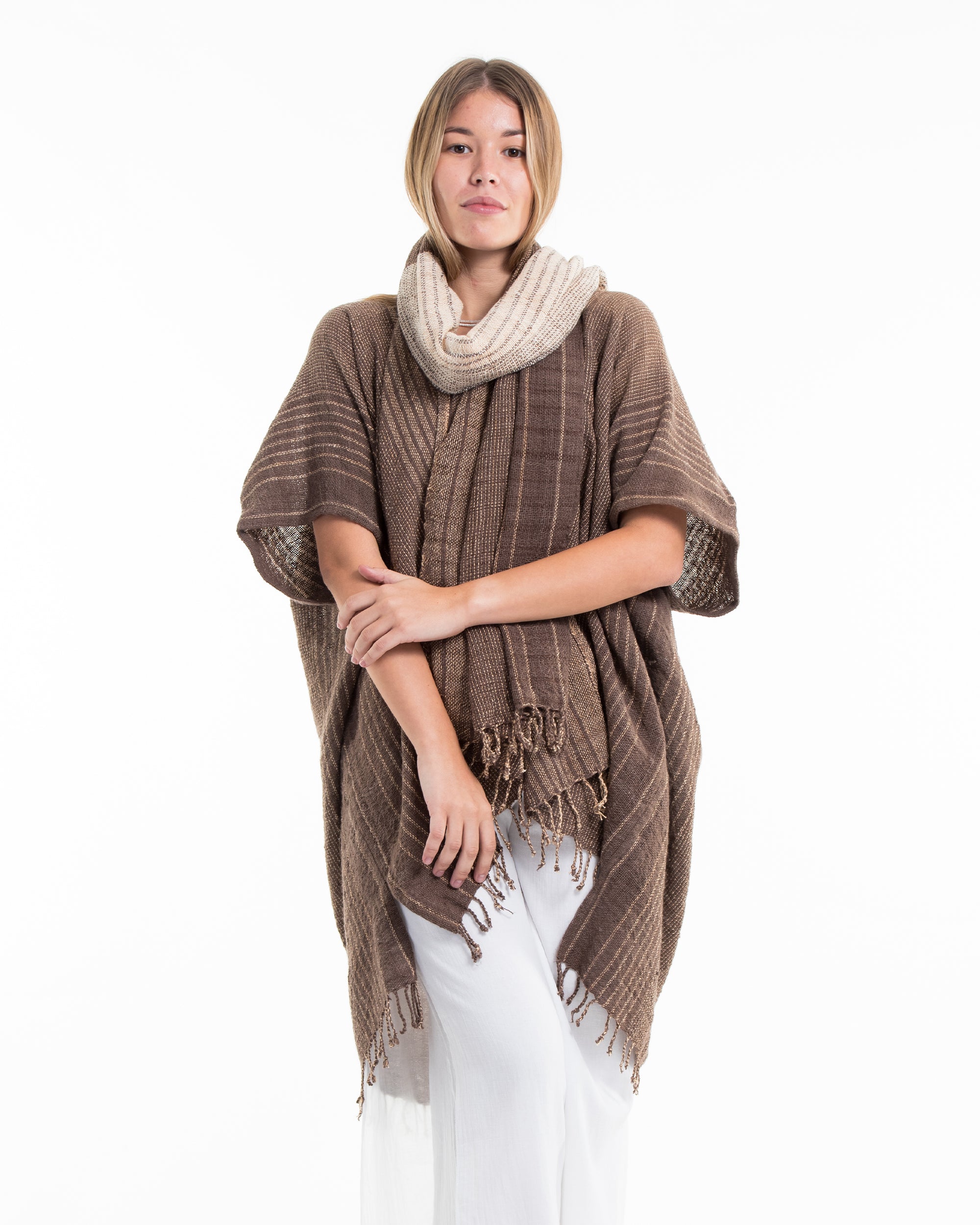 Hand-Woven Cotton Kimono Cardigan with Scarf in Brown Cream