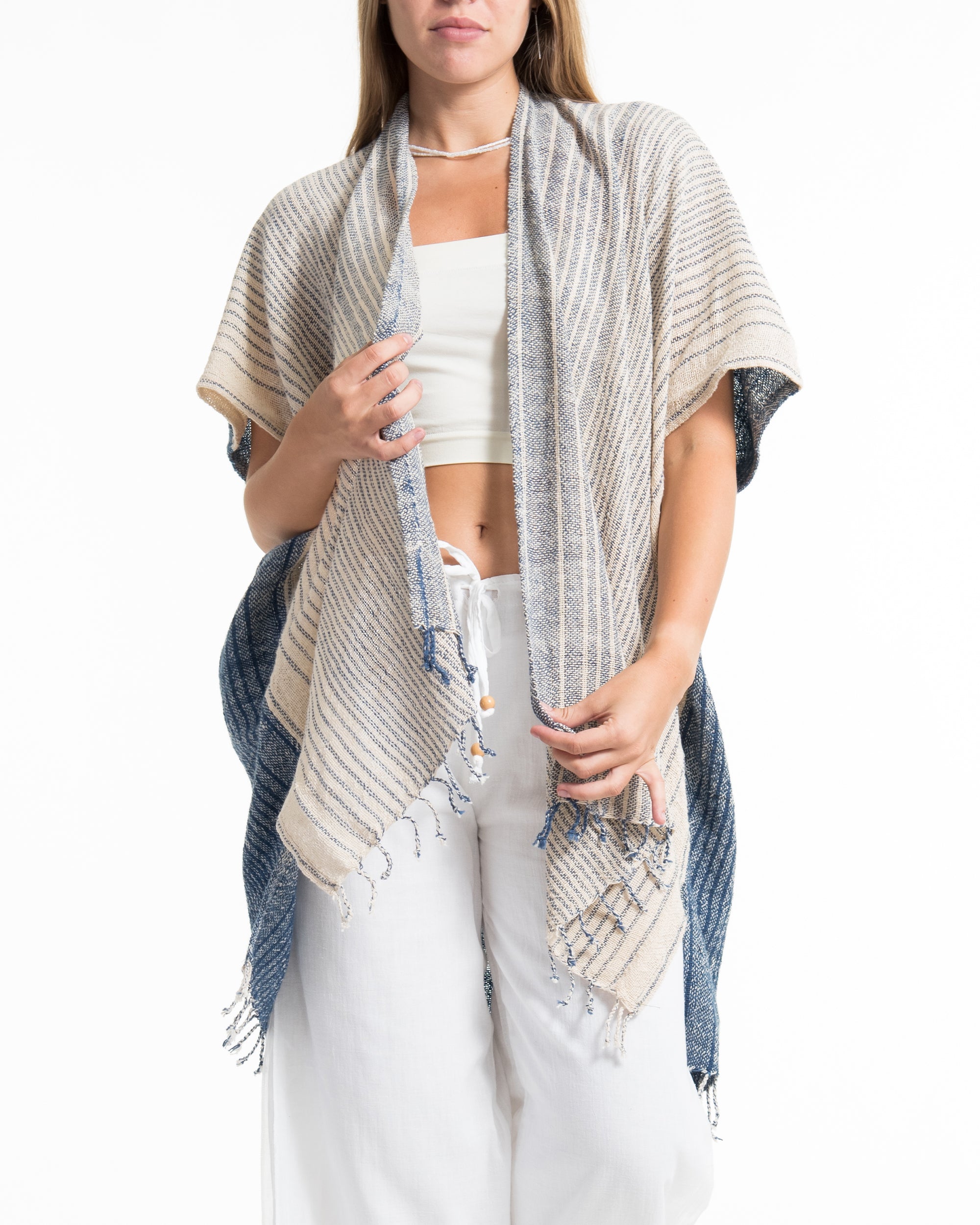 Hand-Woven Cotton Kimono Cardigan with Scarf in Off White Indigo