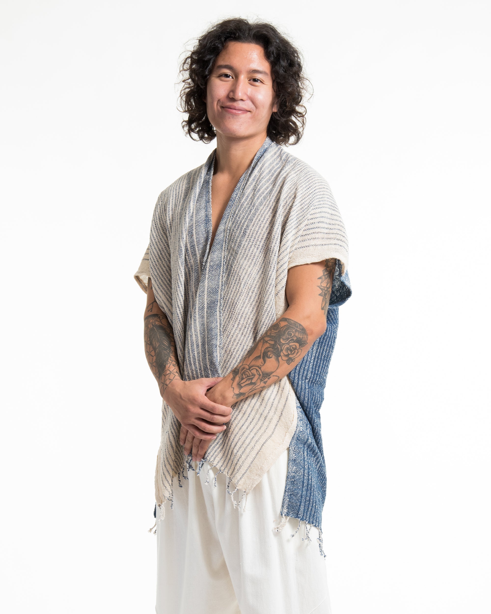 Hand-Woven Cotton Kimono Cardigan with Scarf in Off White Indigo