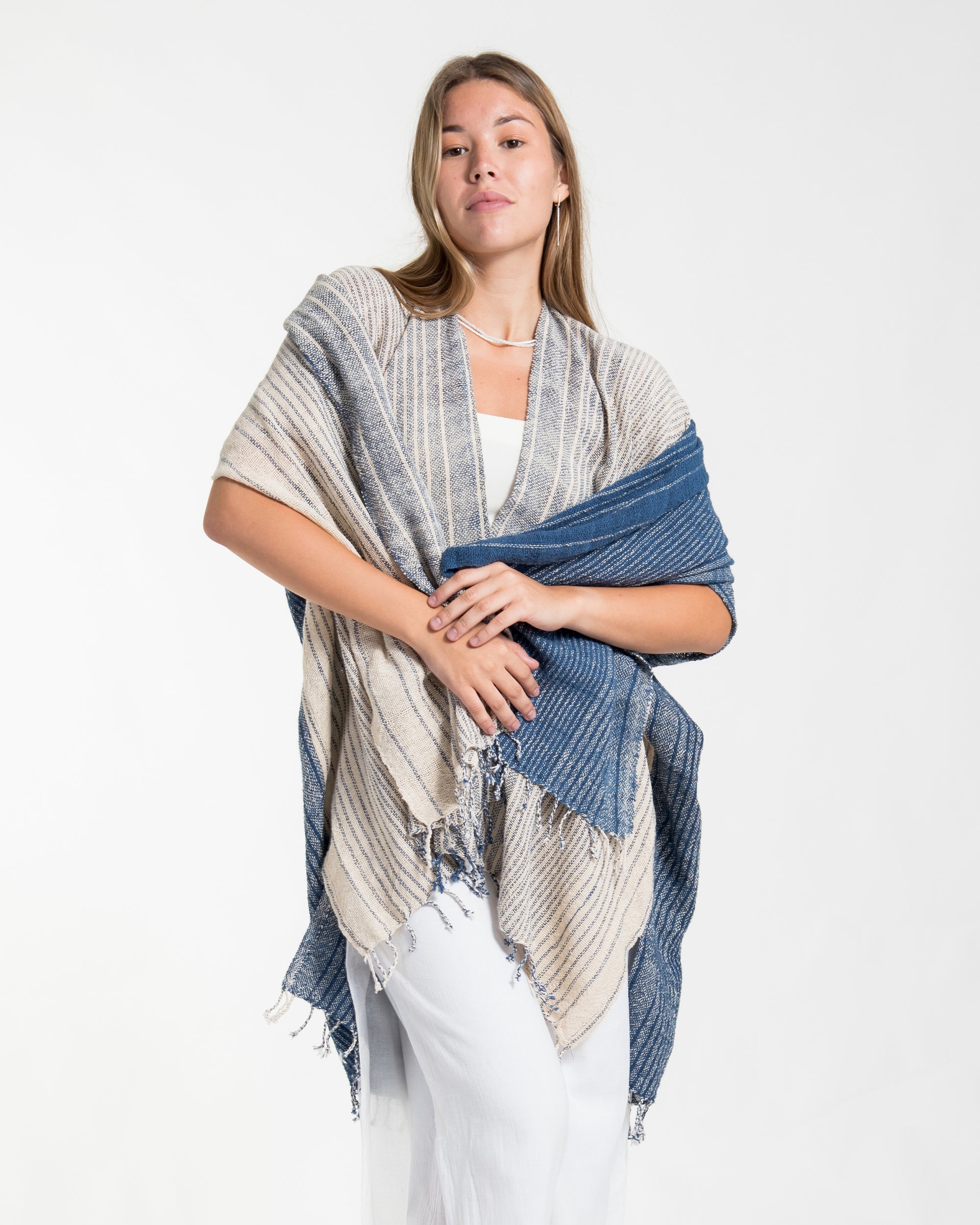 Hand-Woven Cotton Kimono Cardigan with Scarf in Off White Indigo