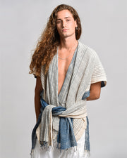 Hand-Woven Cotton Kimono Cardigan with Scarf in Off White Indigo