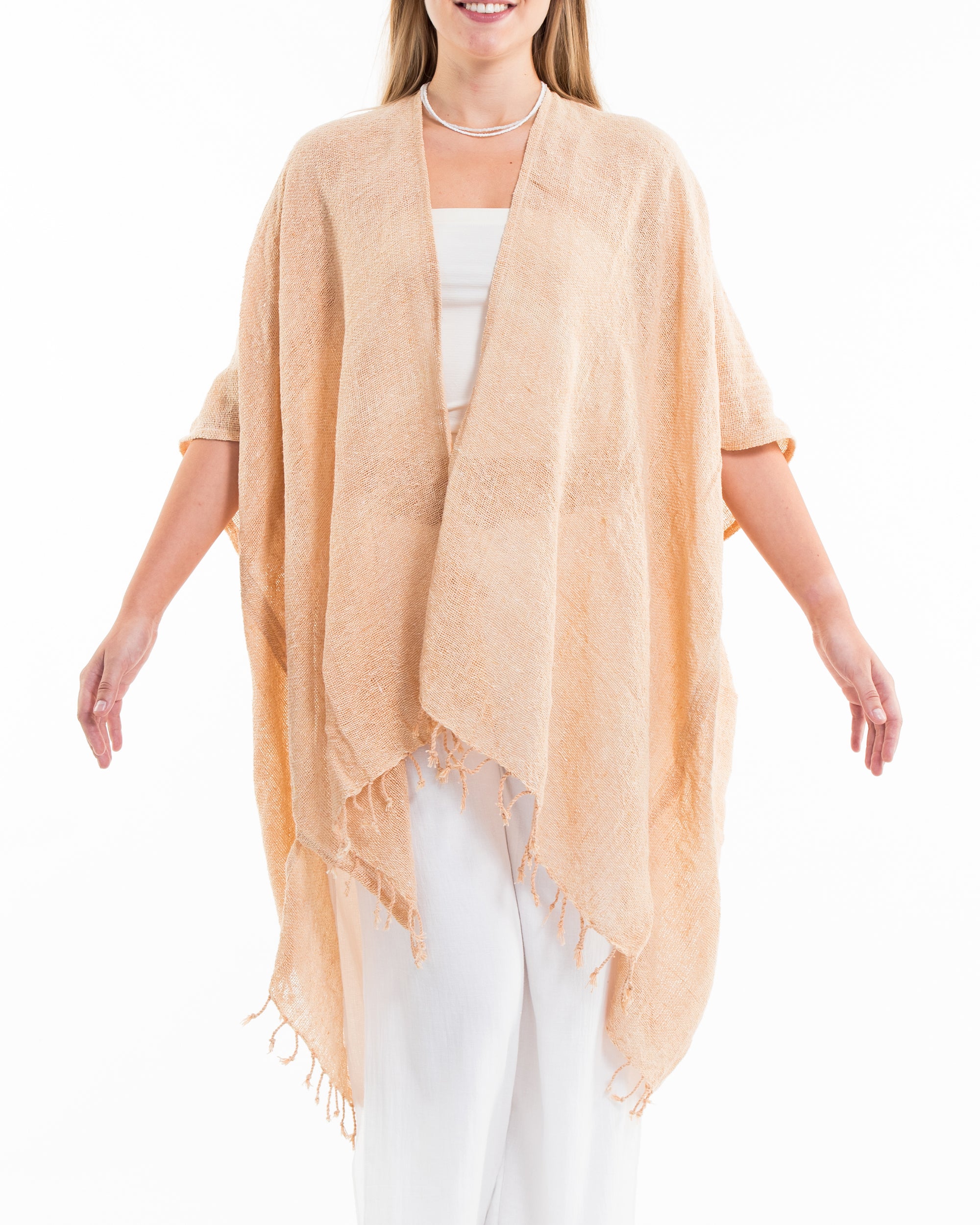 Hand-Woven Cotton Kimono Cardigan with Scarf in Tan