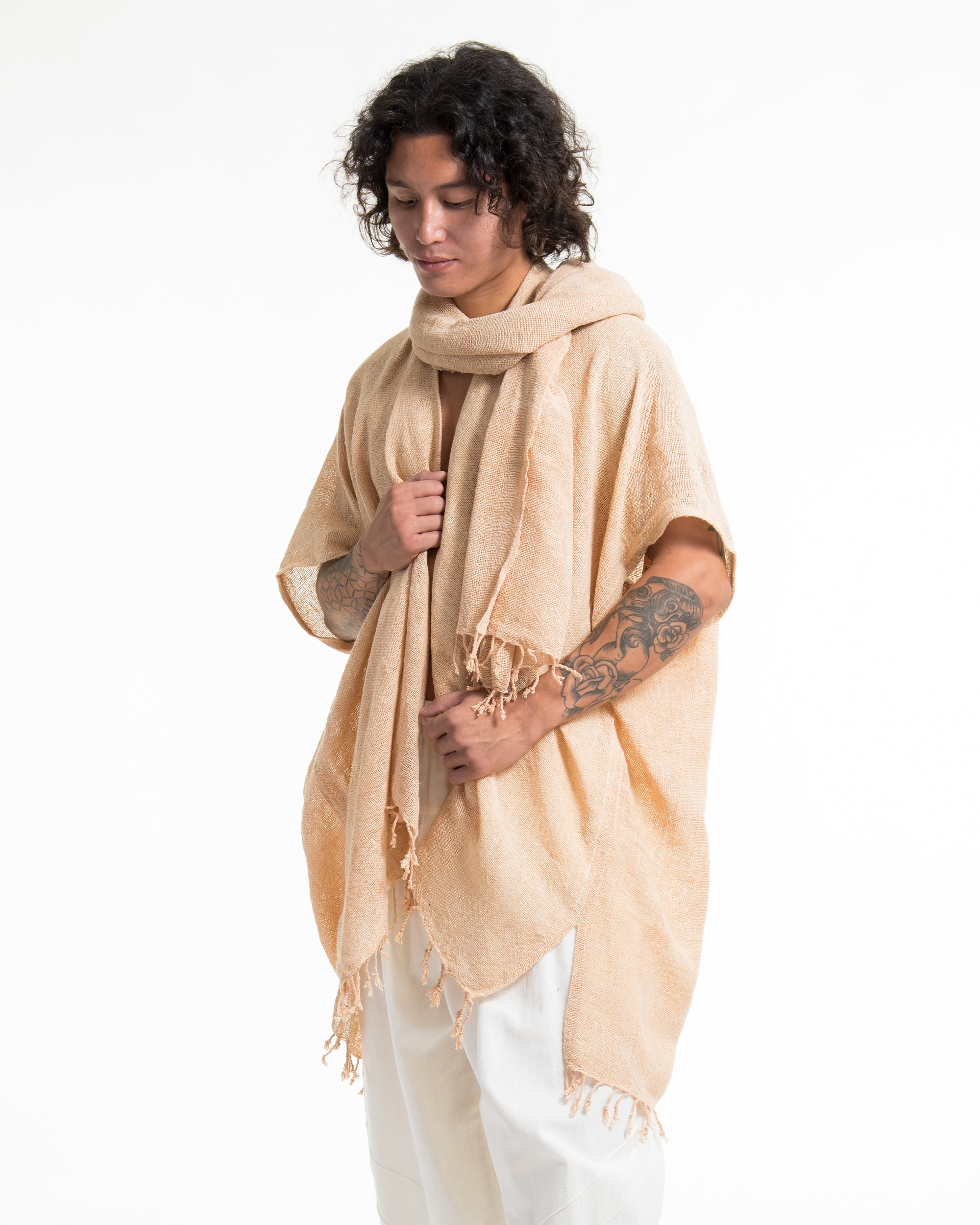 Hand-Woven Cotton Kimono Cardigan with Scarf in Tan