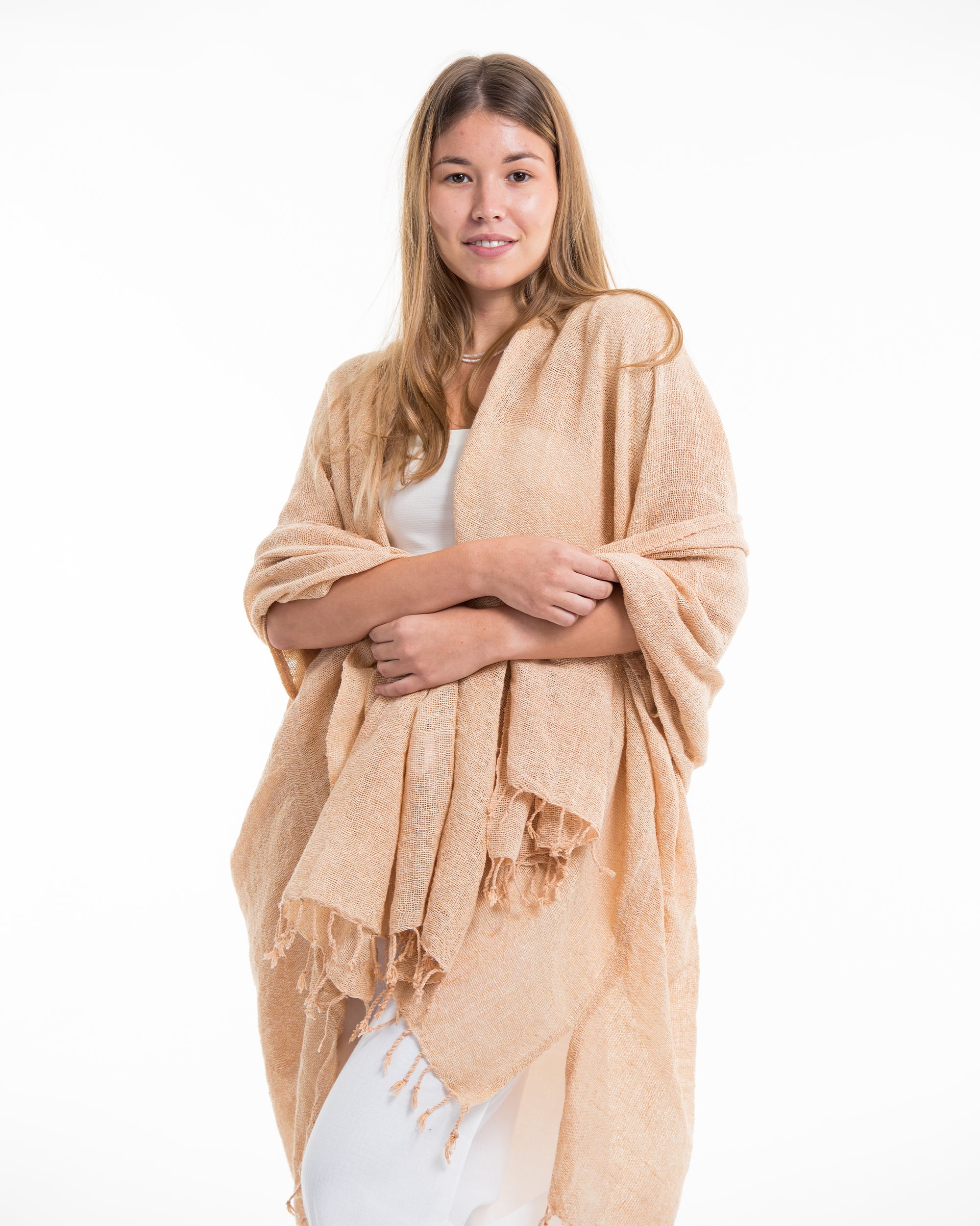 Hand-Woven Cotton Kimono Cardigan with Scarf in Tan