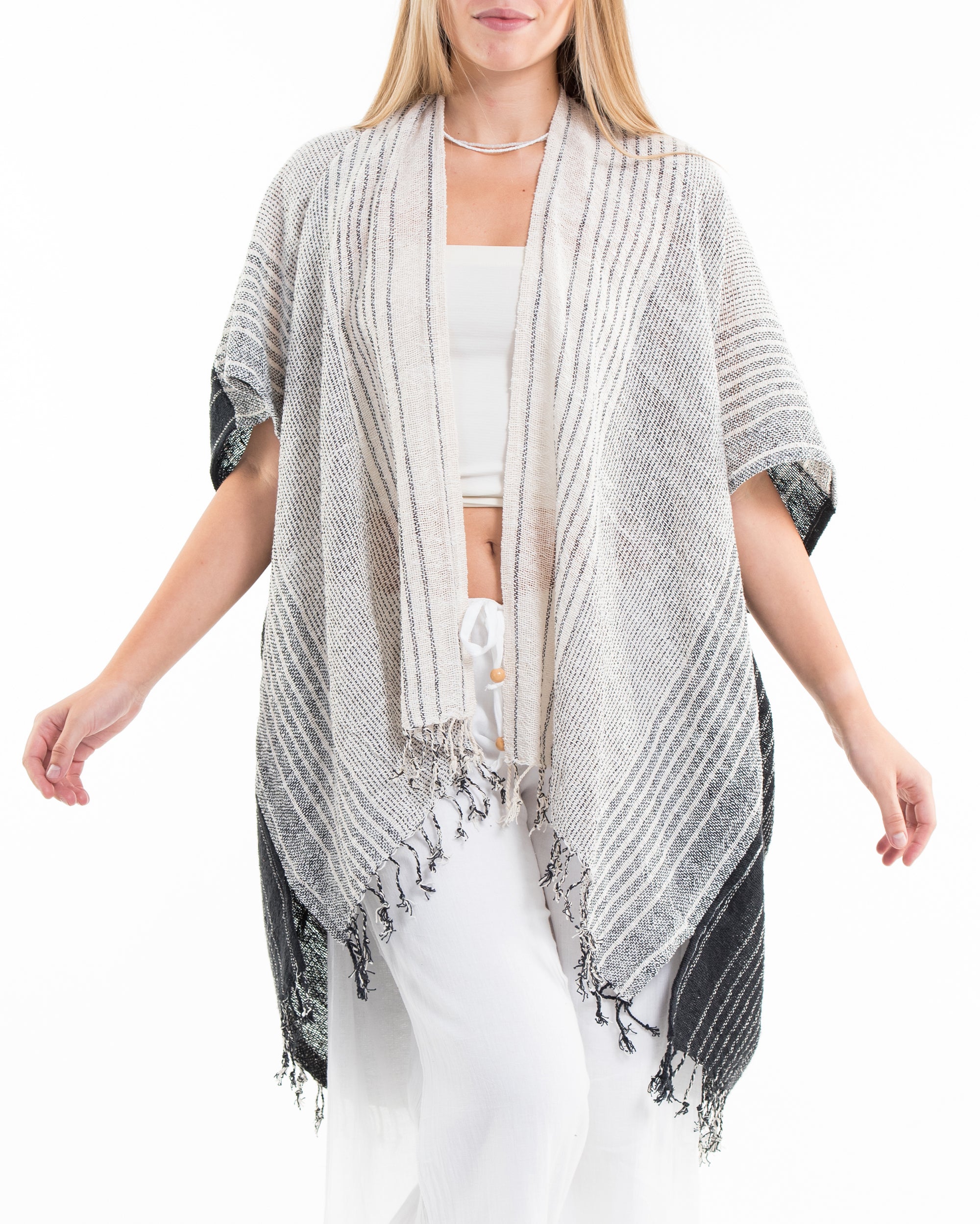Hand-Woven Cotton Kimono Cardigan with Scarf in White Black