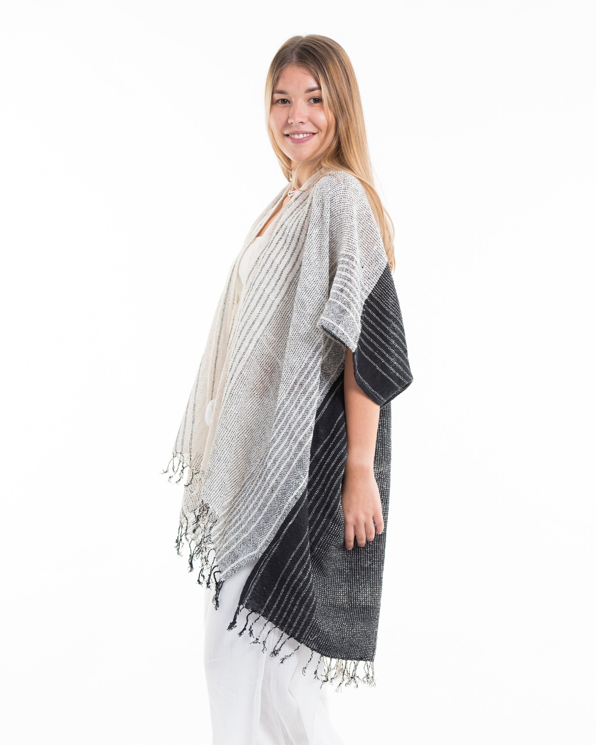 Hand-Woven Cotton Kimono Cardigan with Scarf in White Black