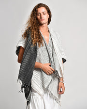Hand-Woven Cotton Kimono Cardigan with Scarf in White Black