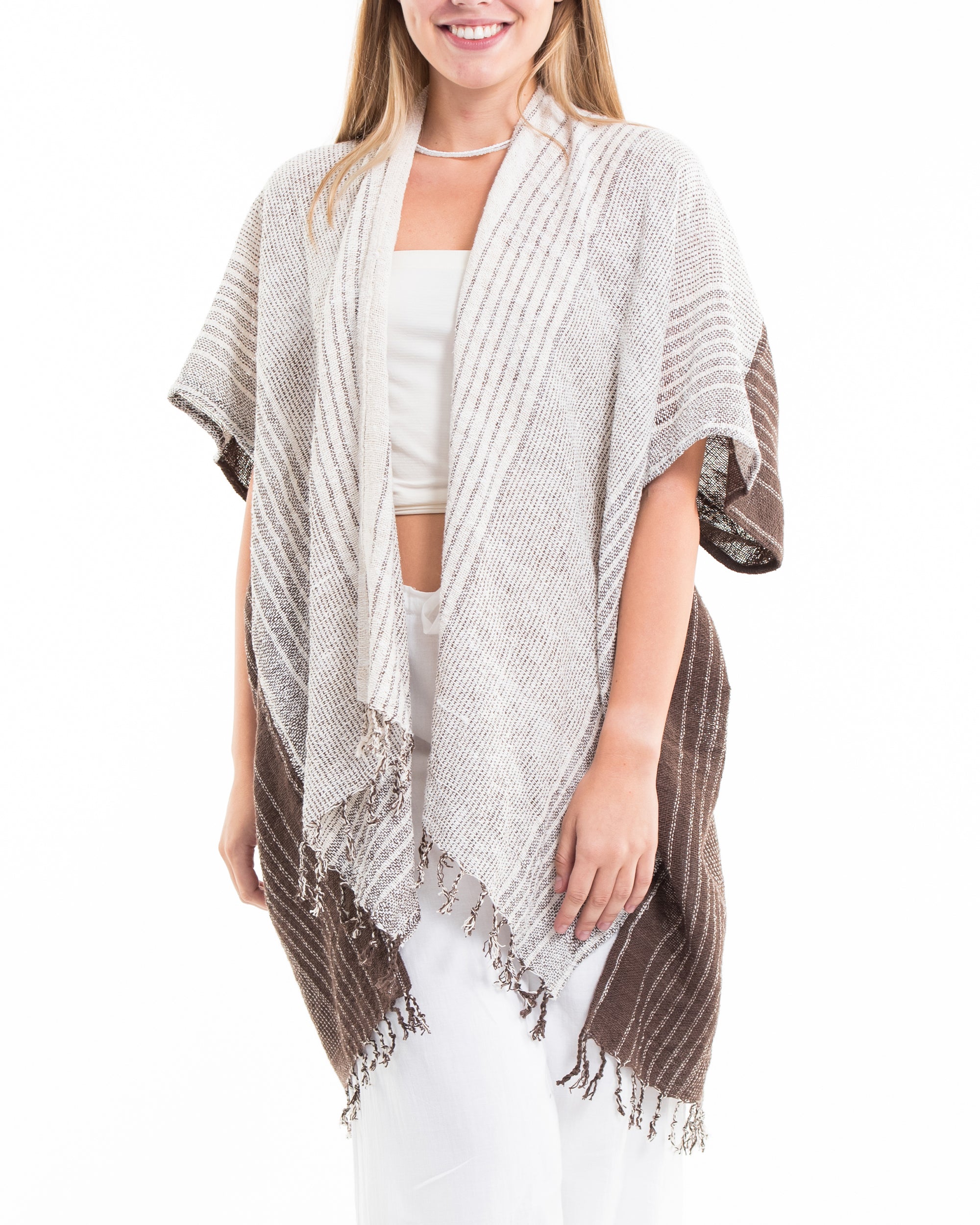 Hand-Woven Cotton Kimono Cardigan with Scarf in White Brown