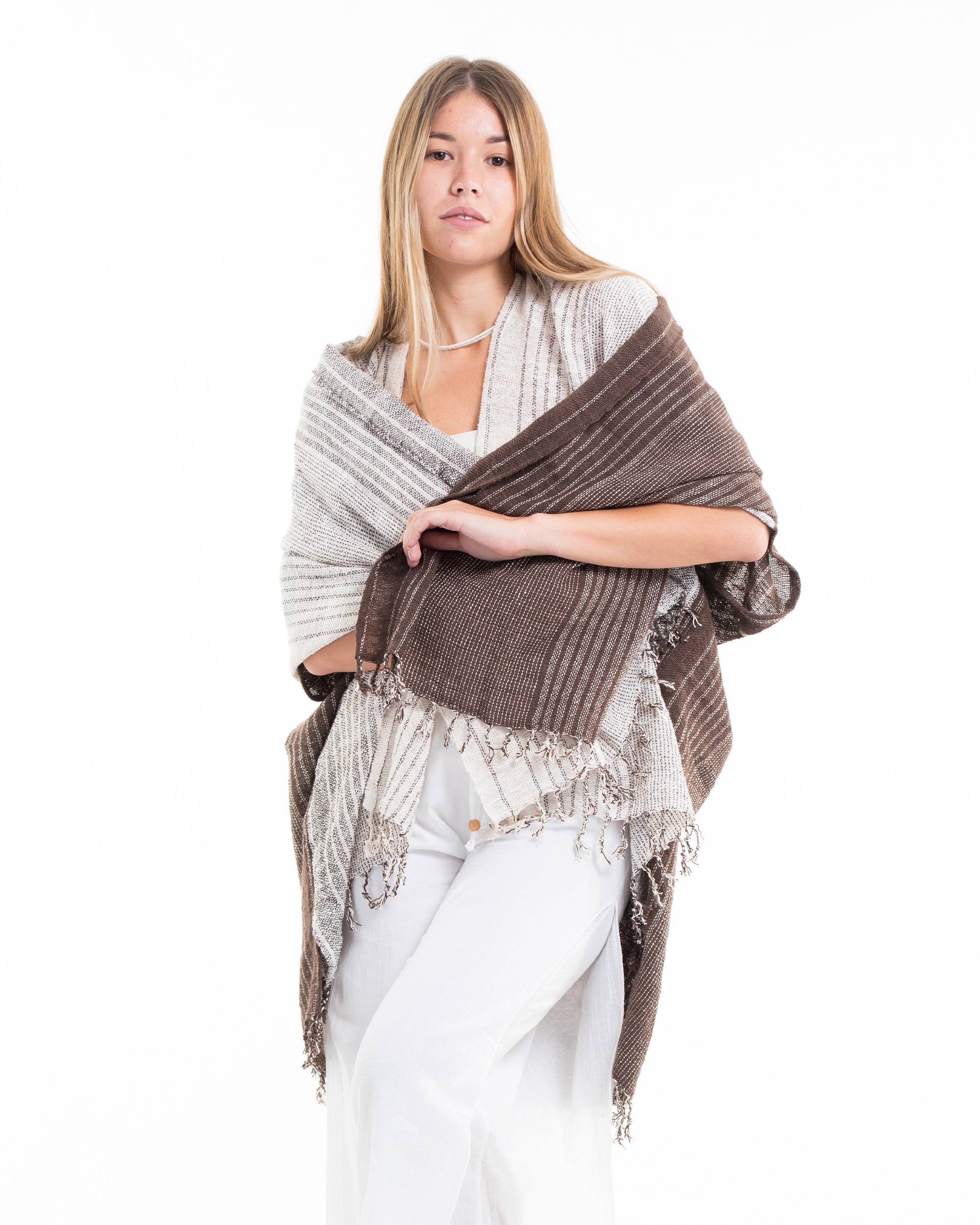 Hand-Woven Cotton Kimono Cardigan with Scarf in White Brown