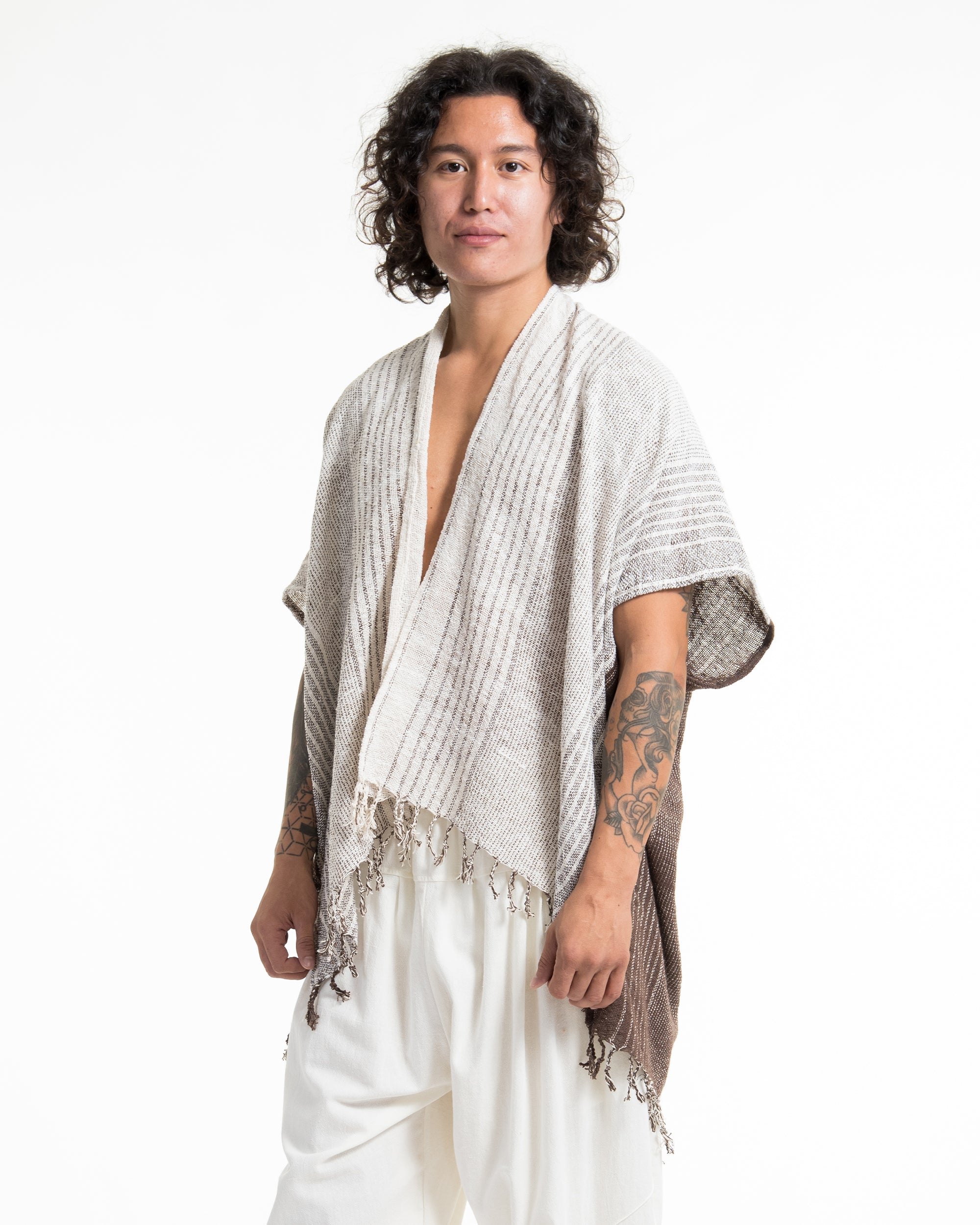 Hand-Woven Cotton Kimono Cardigan with Scarf in White Brown