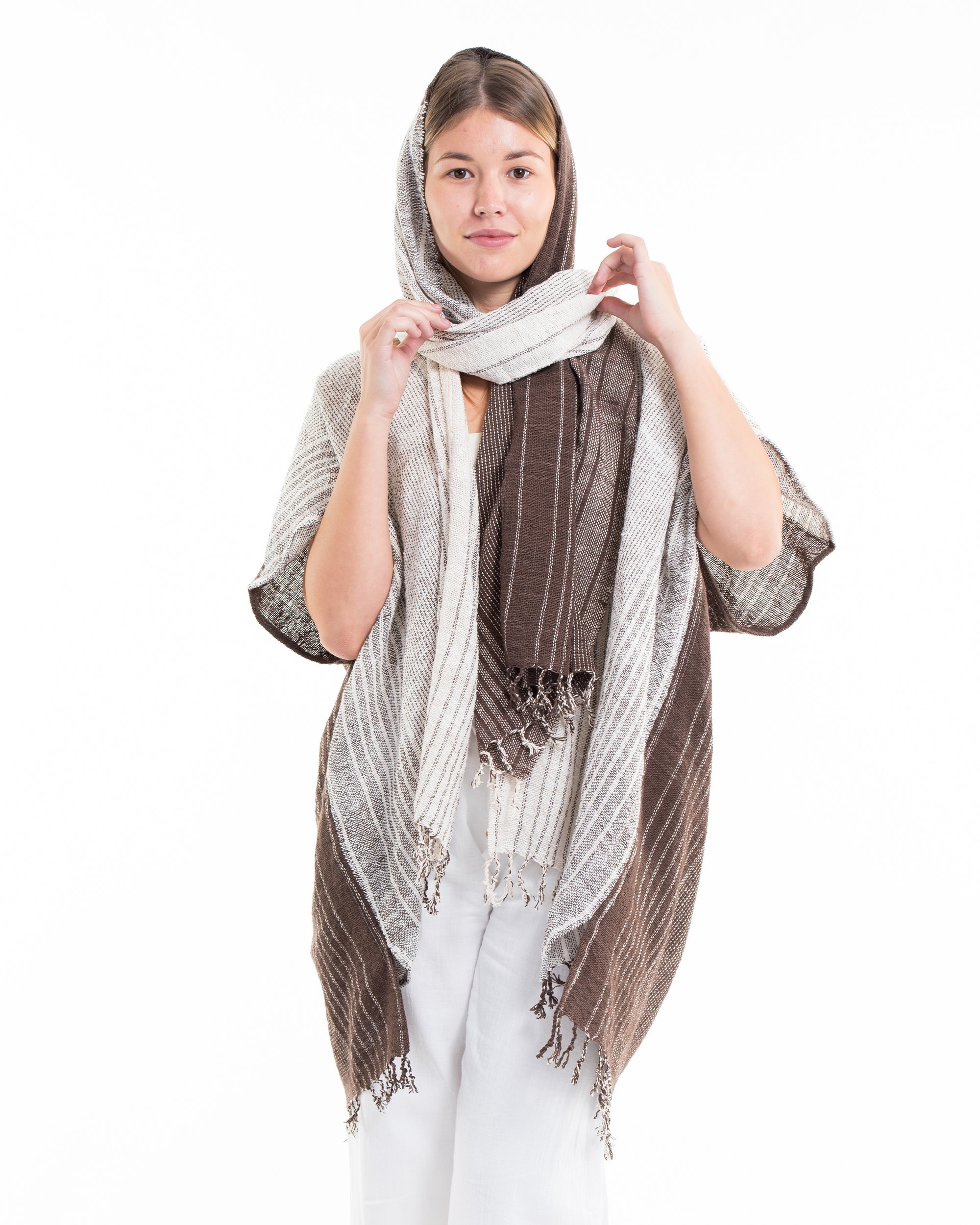 Hand-Woven Cotton Kimono Cardigan with Scarf in White Brown