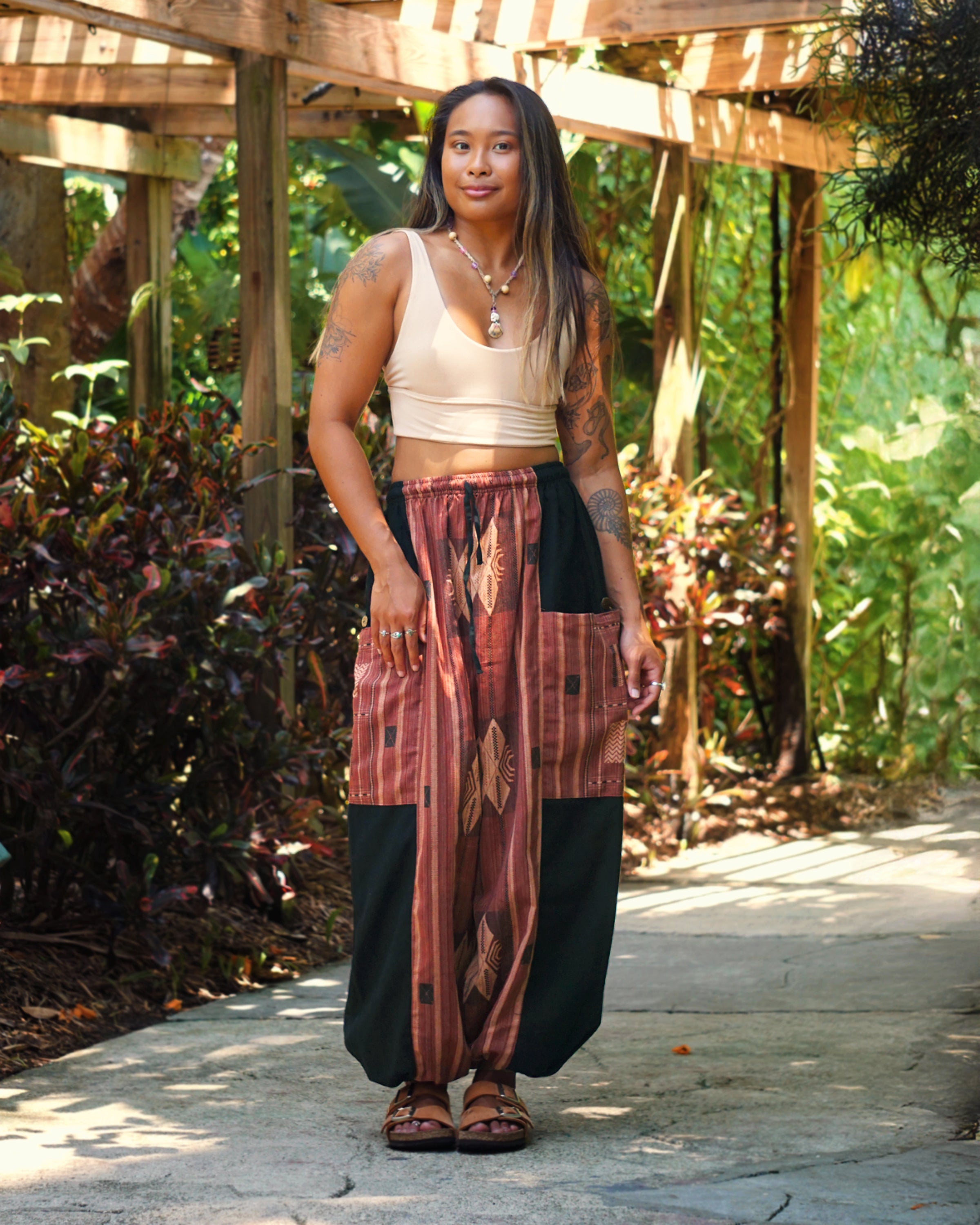 Two Tone Thai Hill Tribe Fabric Women's Cotton Pants in Brick
