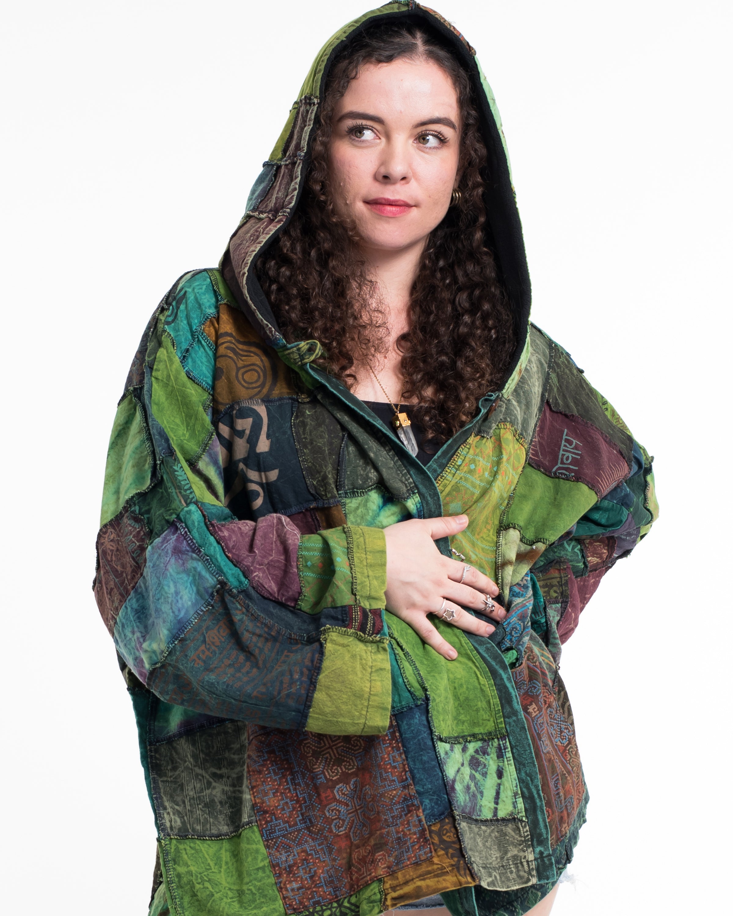 Patchwork Stonewash Hooded Jacket in Multi Green