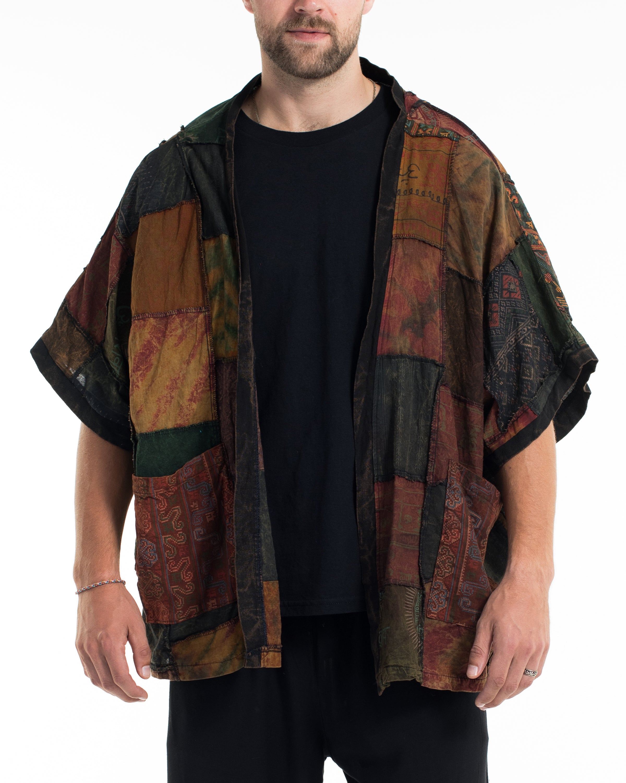 Patchwork Stonewash Cardigan in Multi Olive