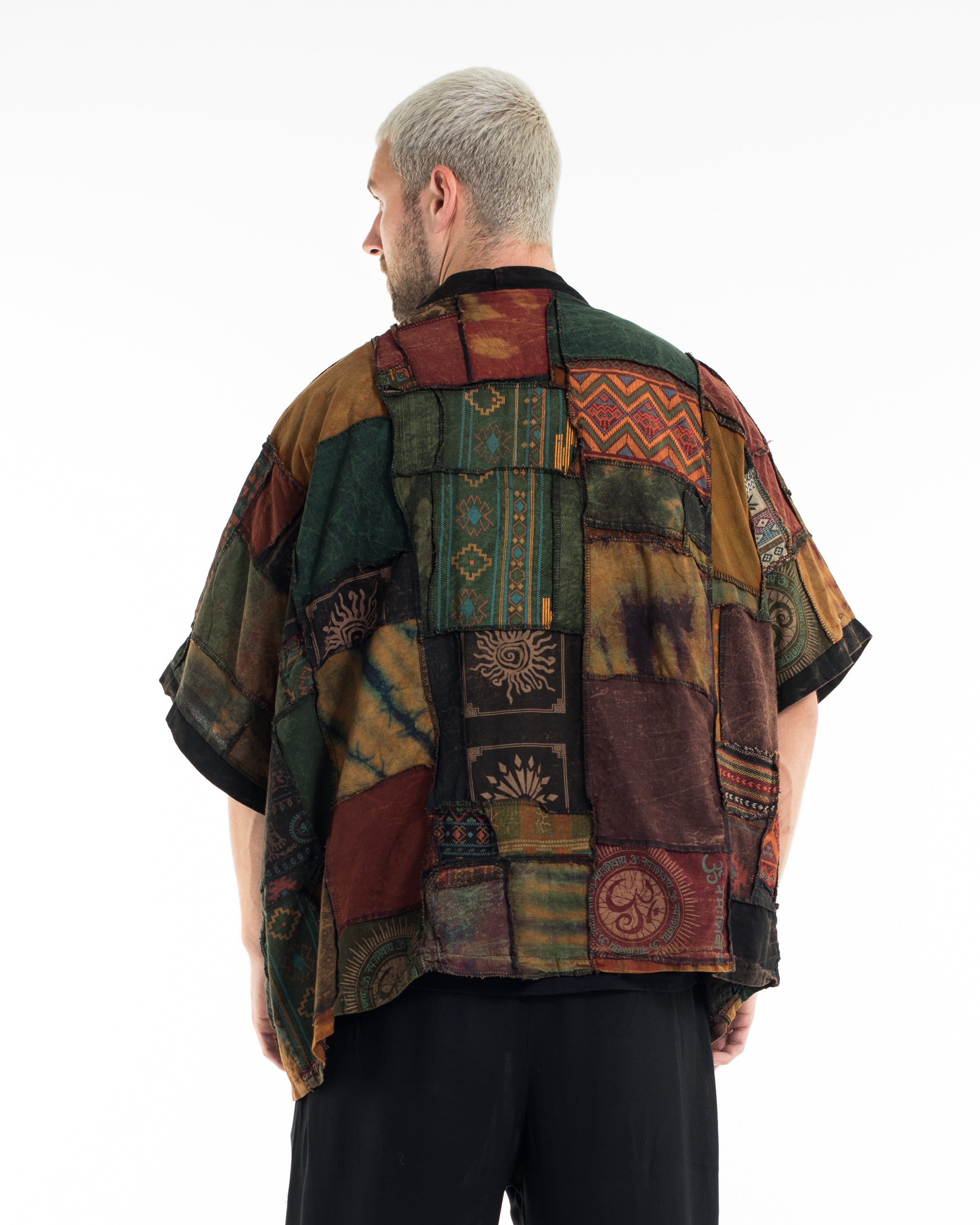 Patchwork Stonewash Cardigan in Multi Olive