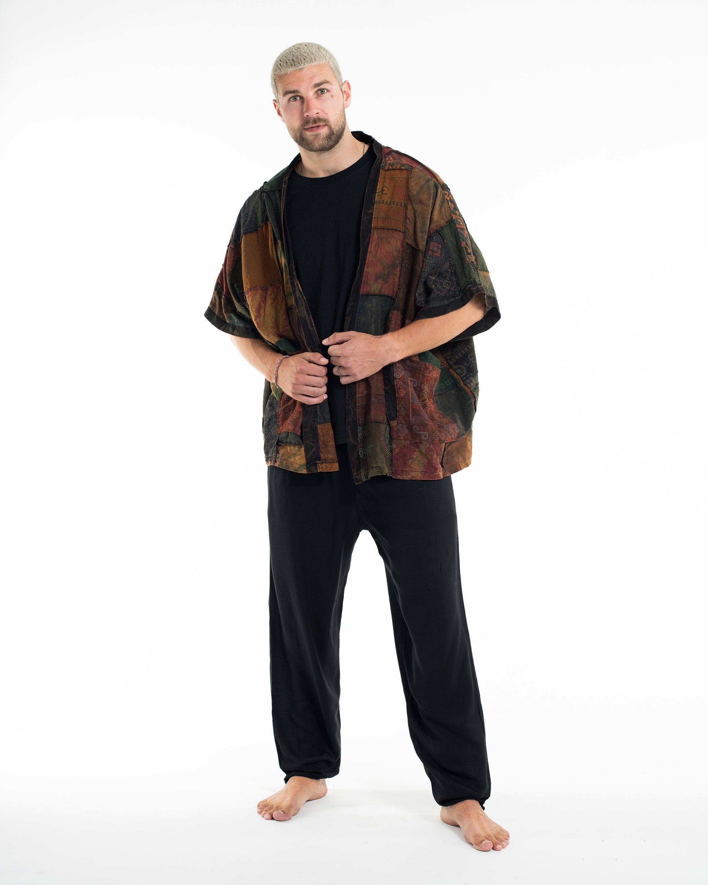 Patchwork Stonewash Cardigan in Multi Olive