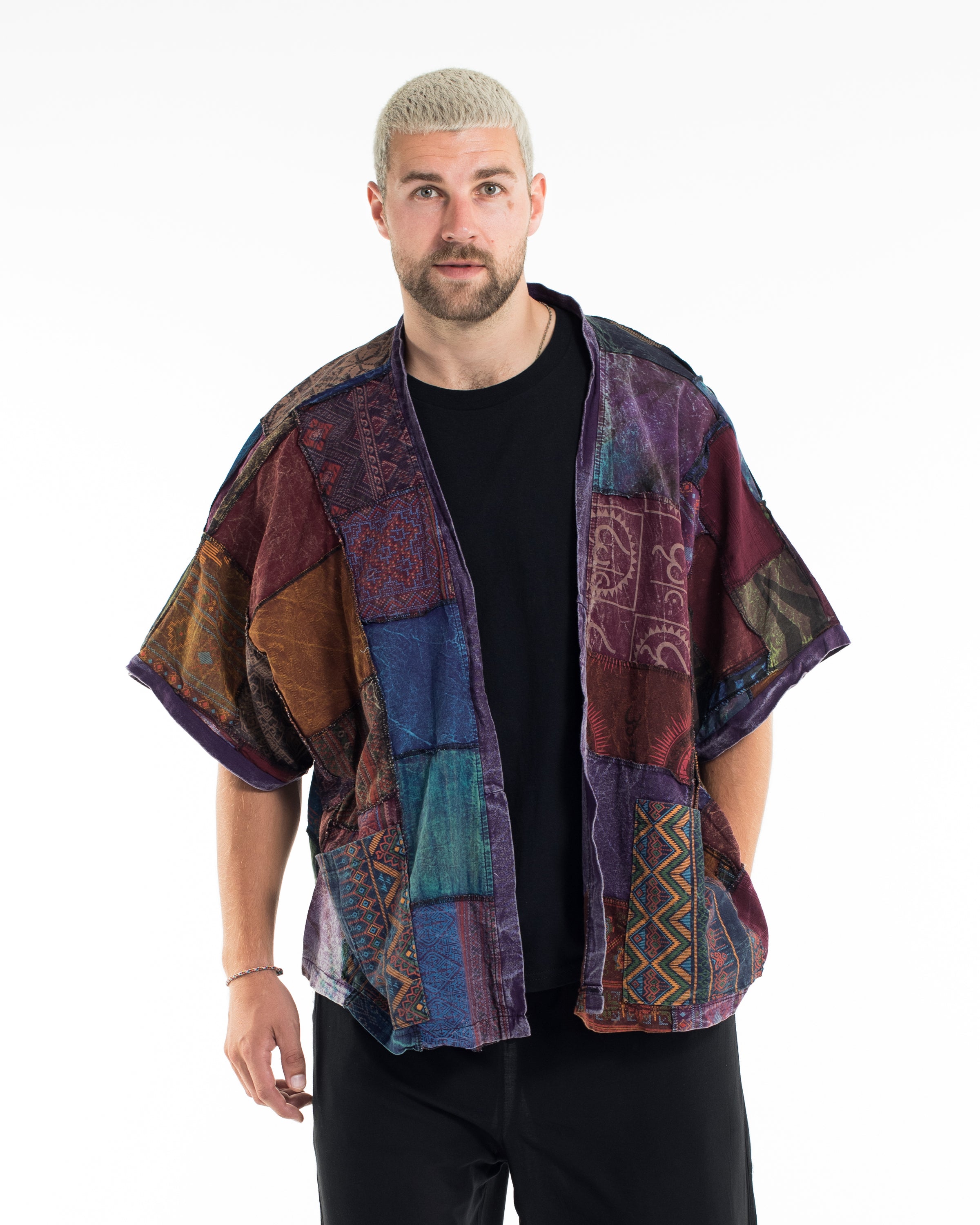 Patchwork Stonewash Cardigan Jacket in Multi Purple