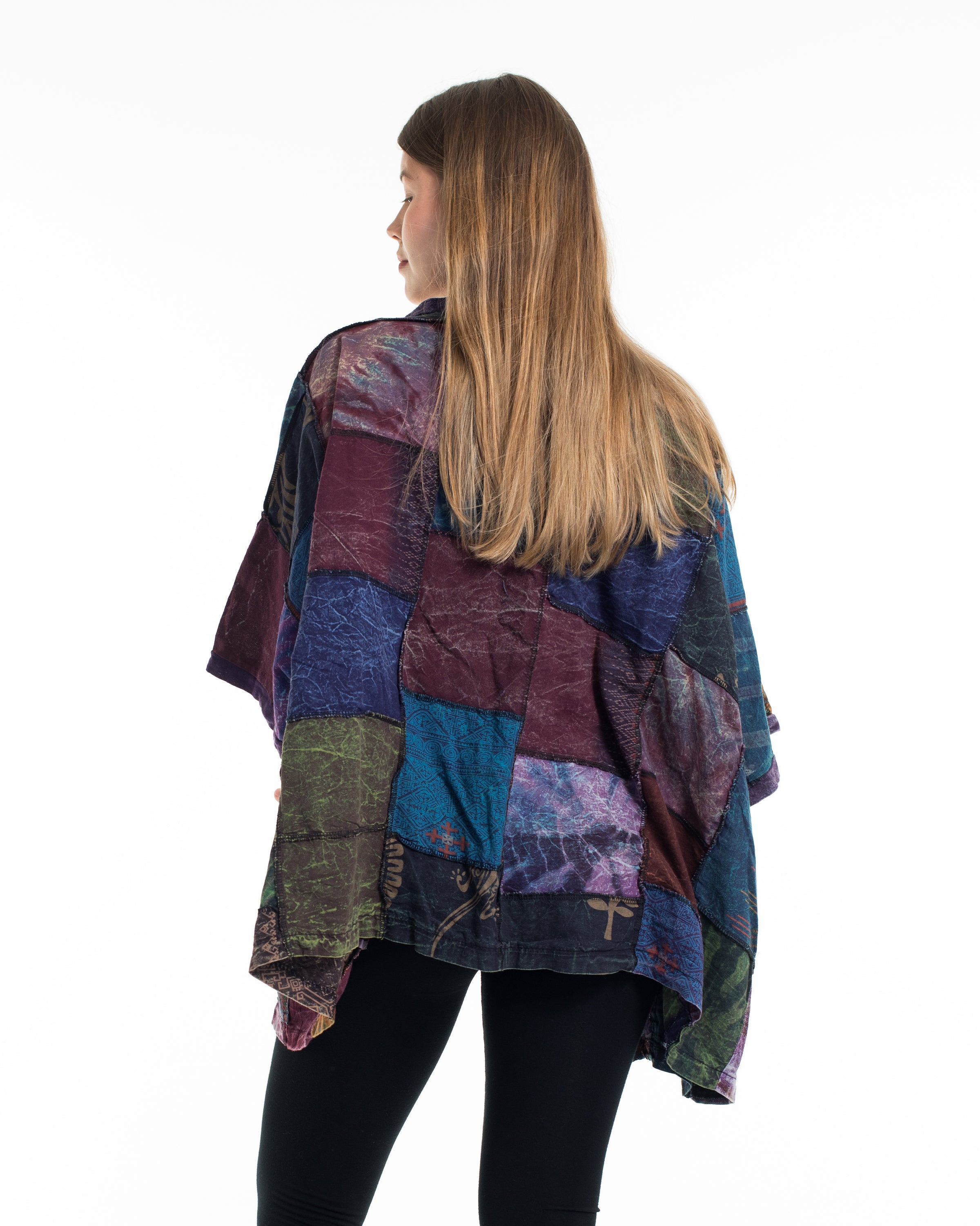 Patchwork Stonewash Cardigan Jacket in Multi Purple