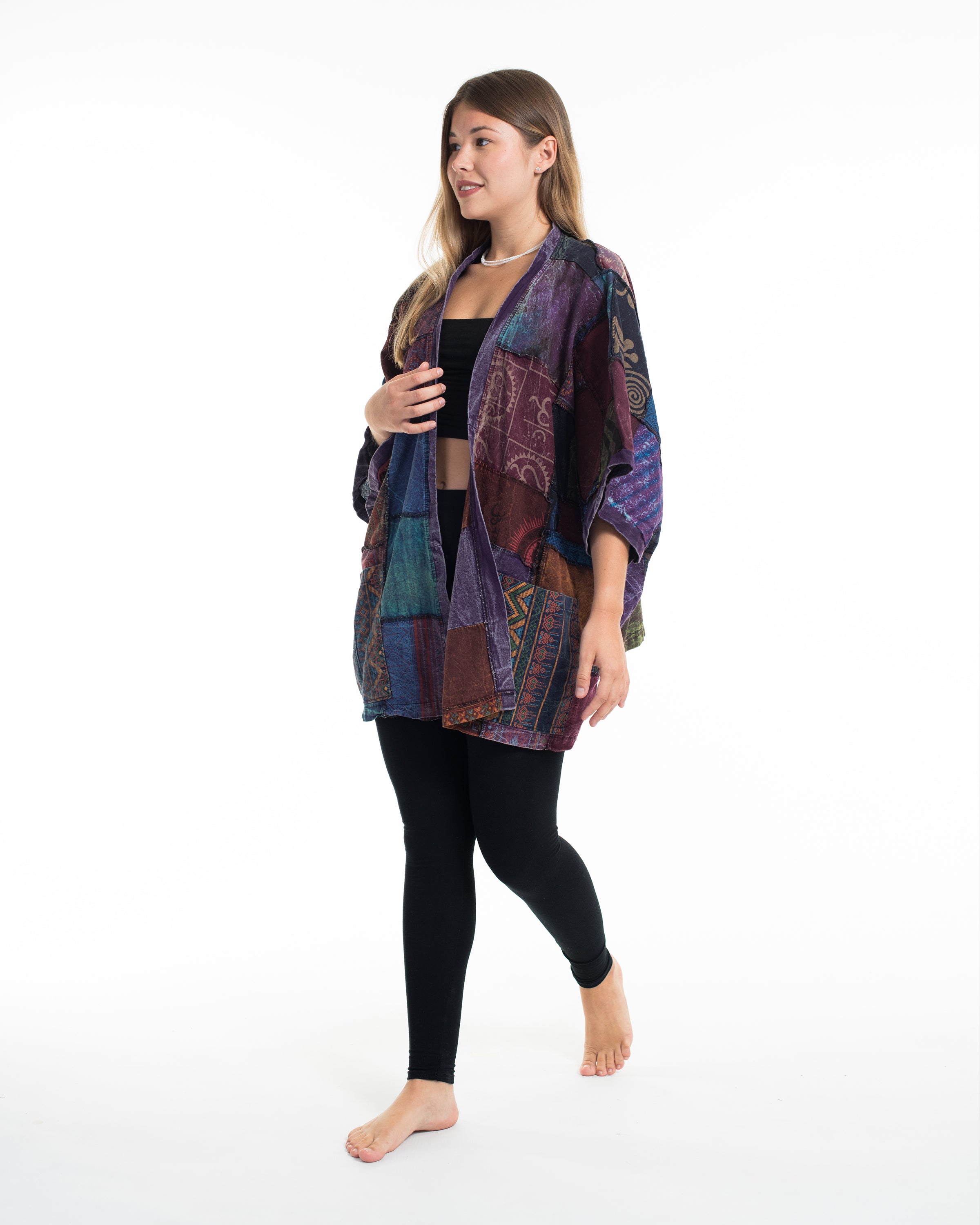 Patchwork Stonewash Cardigan Jacket in Multi Purple