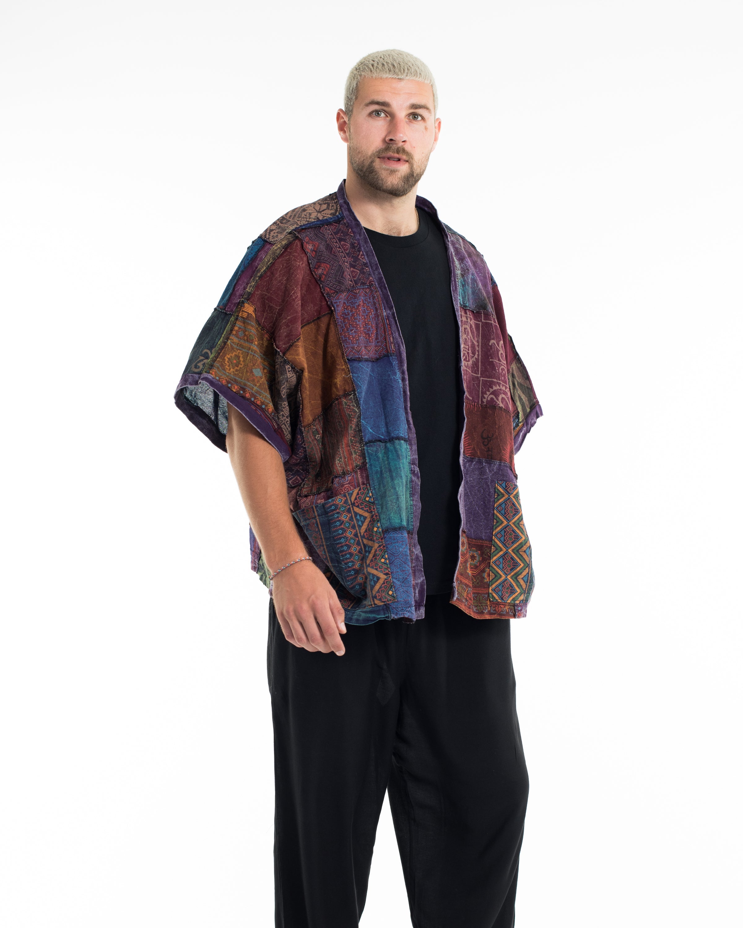 Patchwork Stonewash Cardigan Jacket in Multi Purple