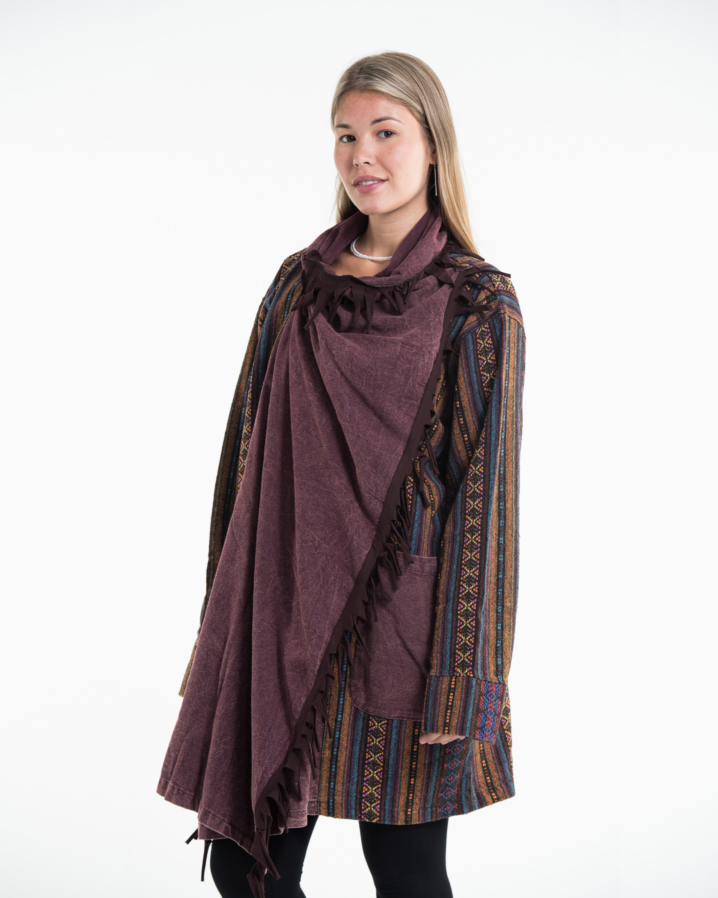 Tribal Cloak Jacket | Stonewash Drape in Maroon