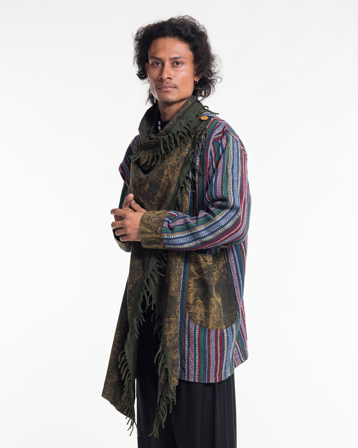 Tribal Cloak Jacket | Stonewash Drape in Olive Gold