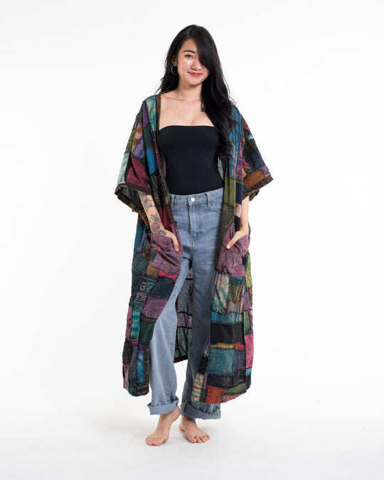Patchwork Stonewash Long Kimono Robe in Multi Brown