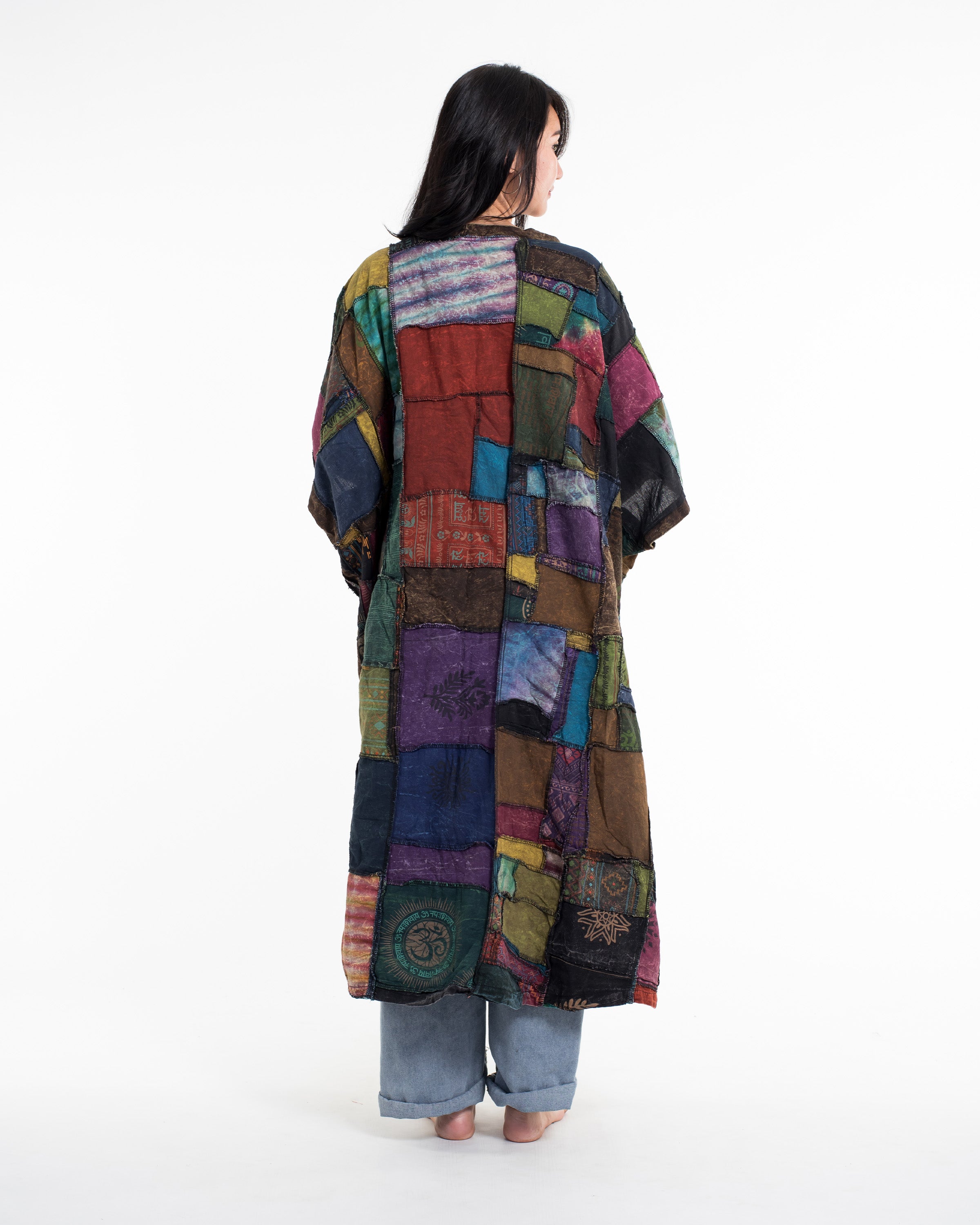 Patchwork Stonewash Long Kimono Robe in Multi Brown