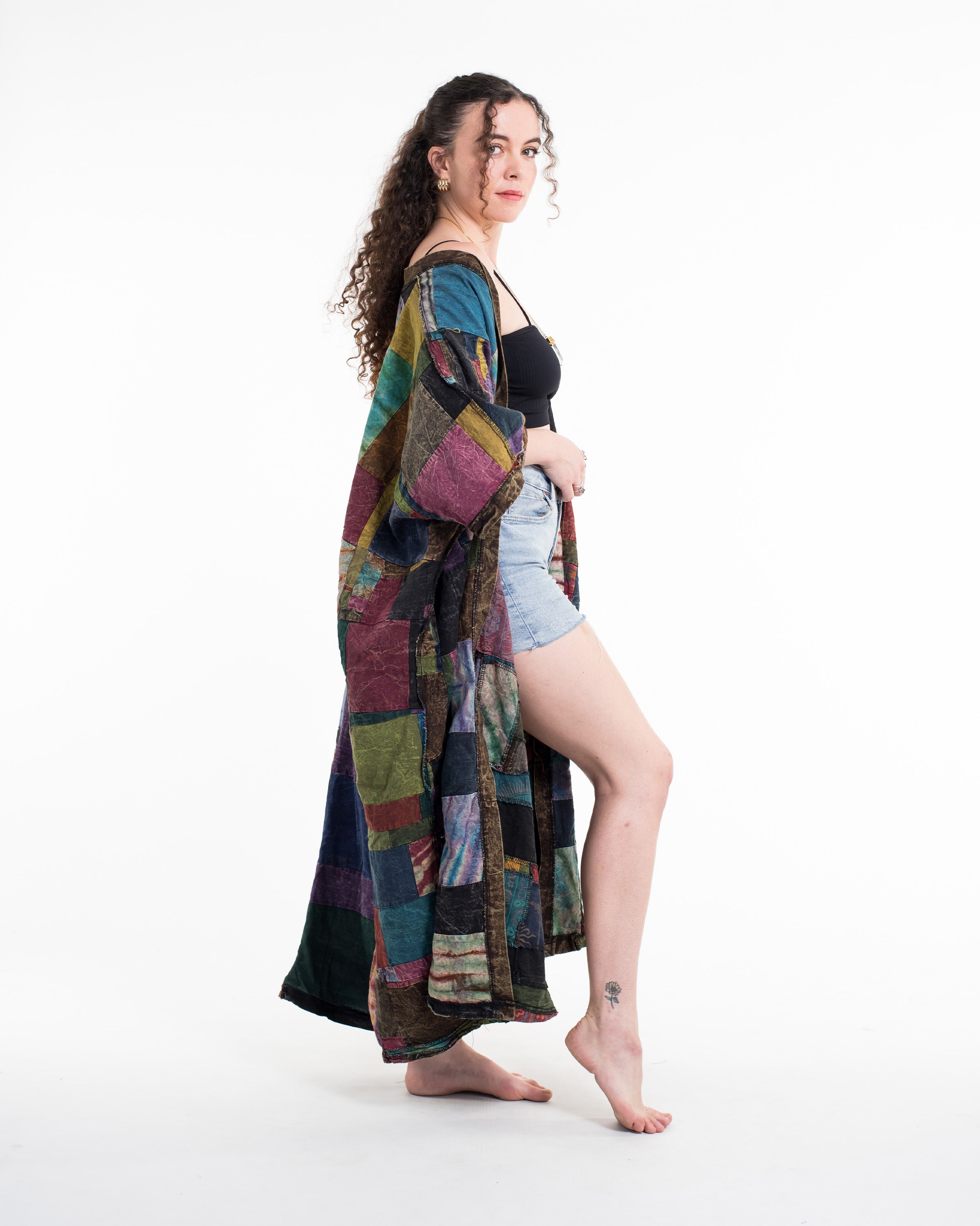 Patchwork Stonewash Long Kimono Robe in Multi Brown