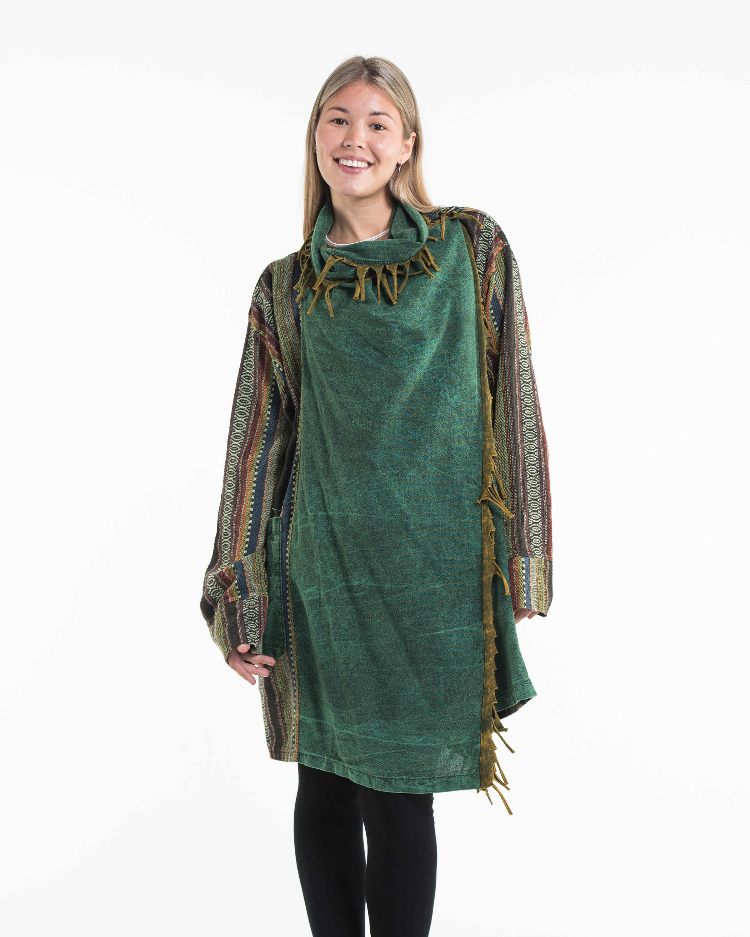 Tribal Cloak Jacket | Stonewash Drape in Green