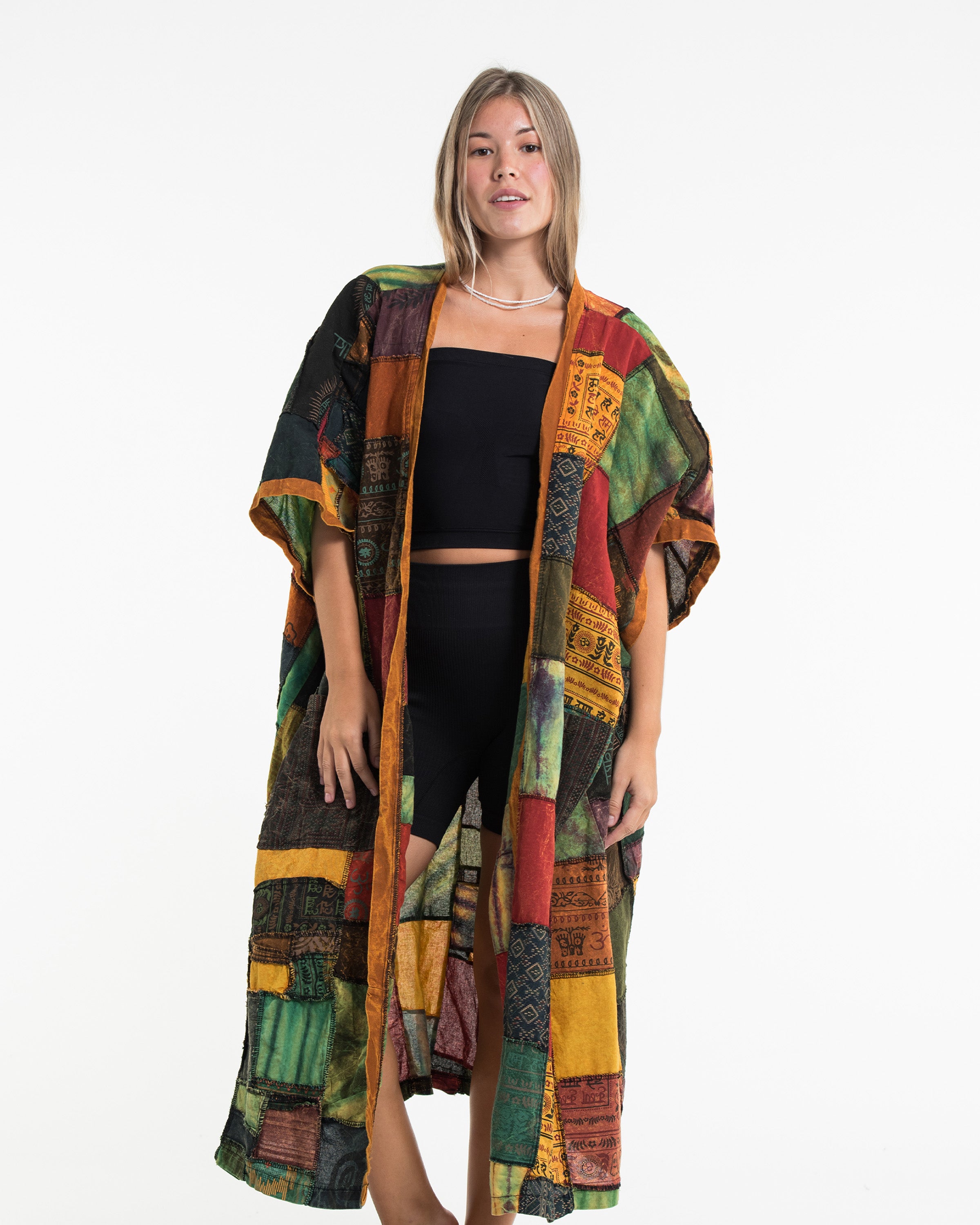 Patchwork Stonewash Long Kimono Robe in Multi Yellow