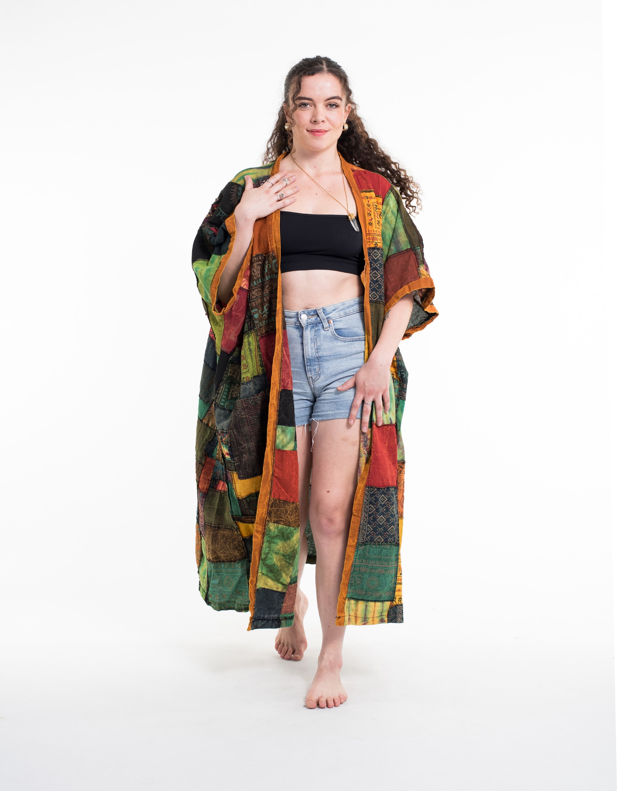 Patchwork Stonewash Long Kimono Robe in Multi Yellow