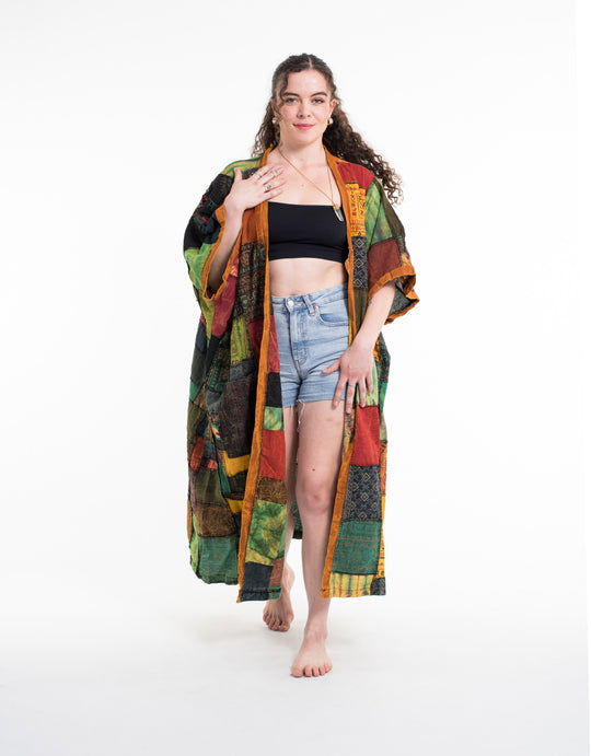 Patchwork Stonewash Long Kimono Robe in Multi Yellow