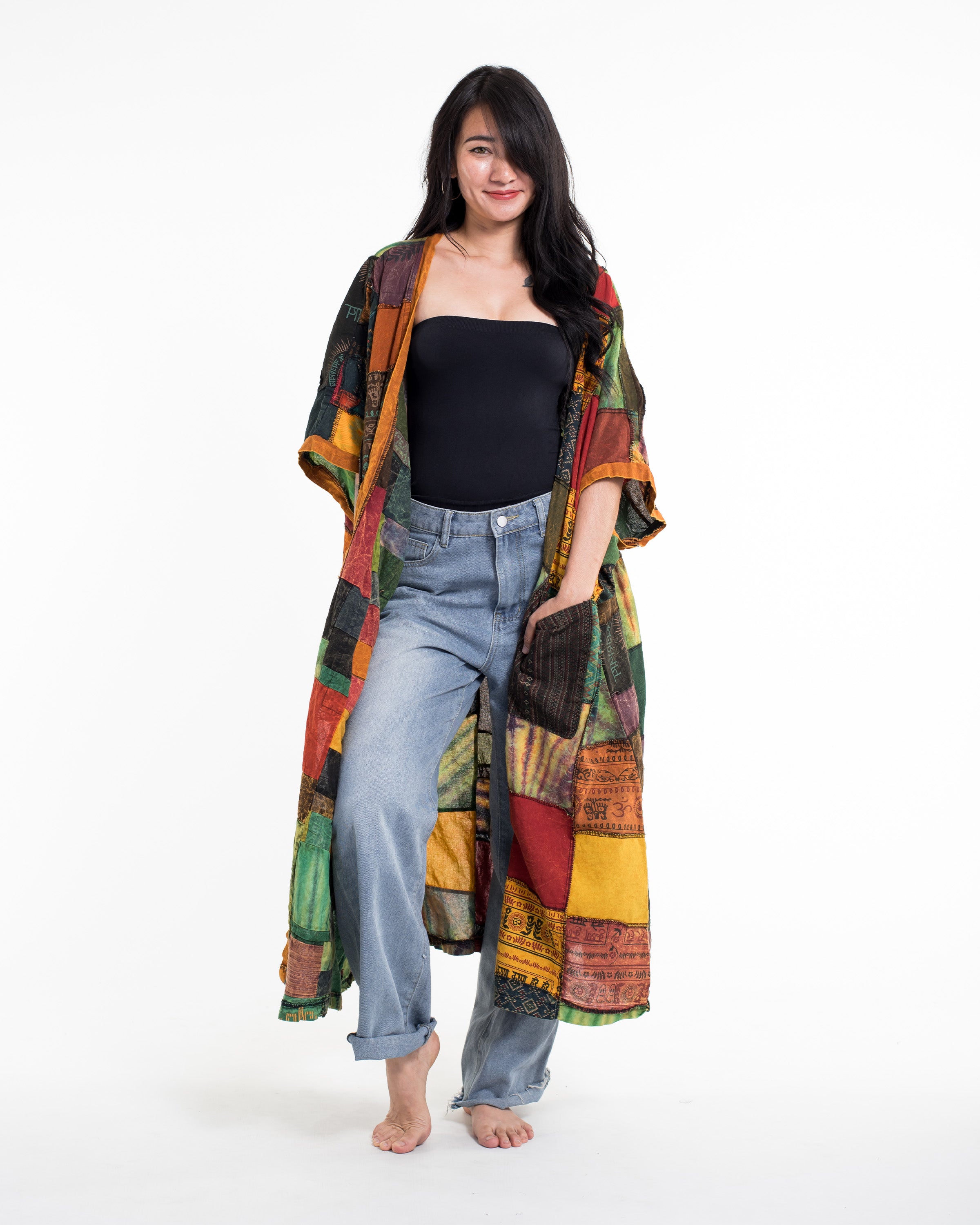 Patchwork Stonewash Long Kimono Robe in Multi Yellow