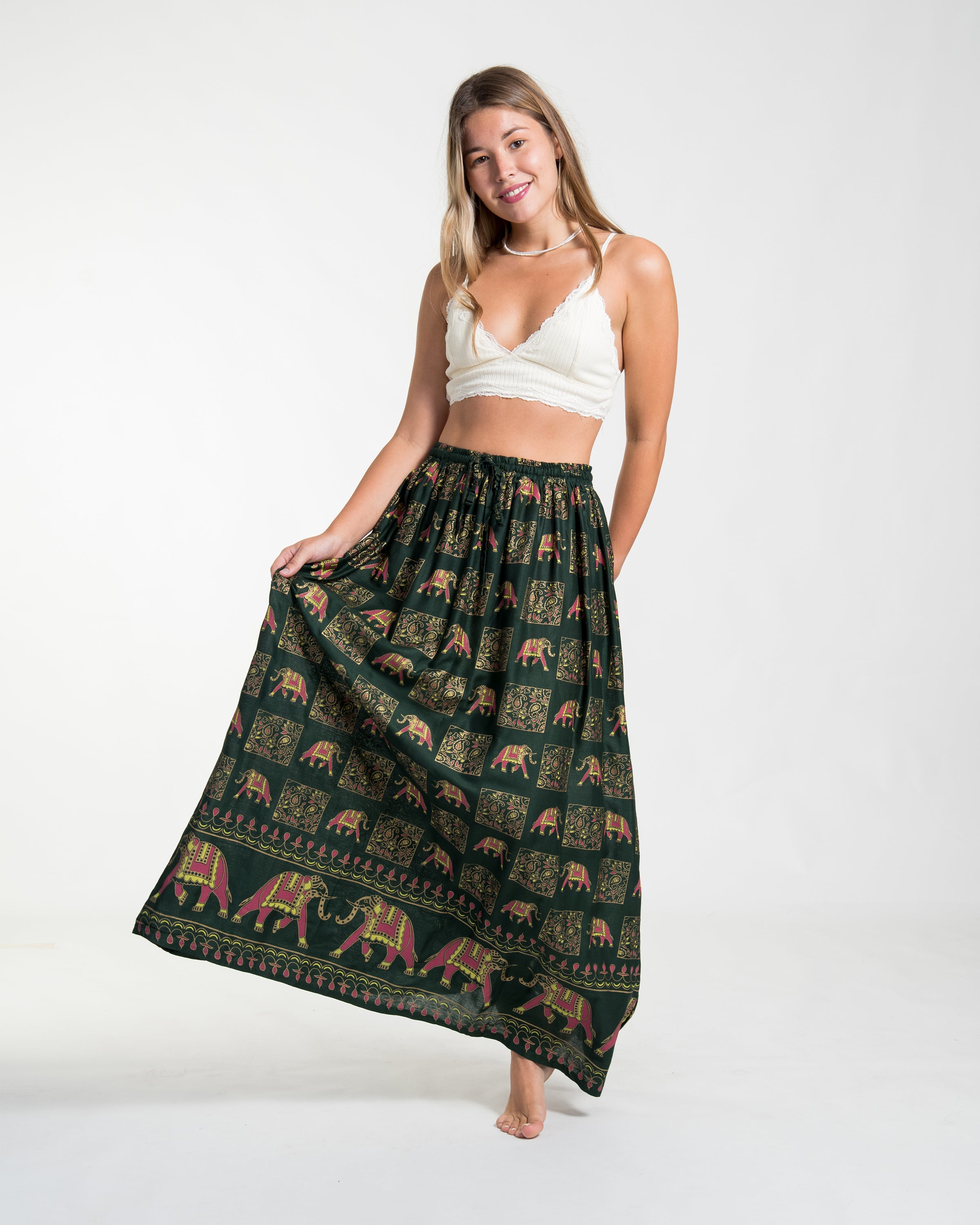 Elephant Print Midi Skirt in Green