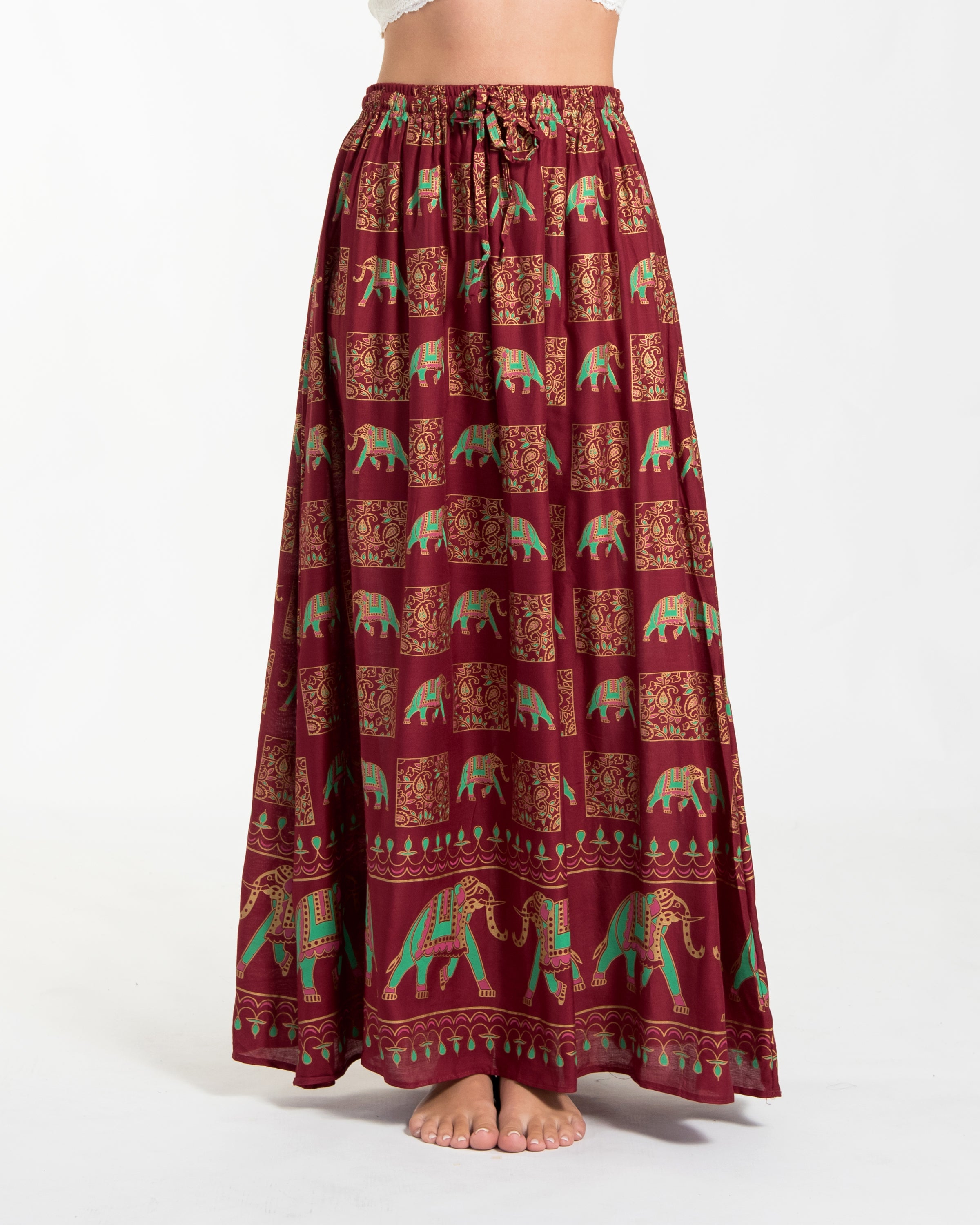 Elephant Print Midi Skirt in Maroon