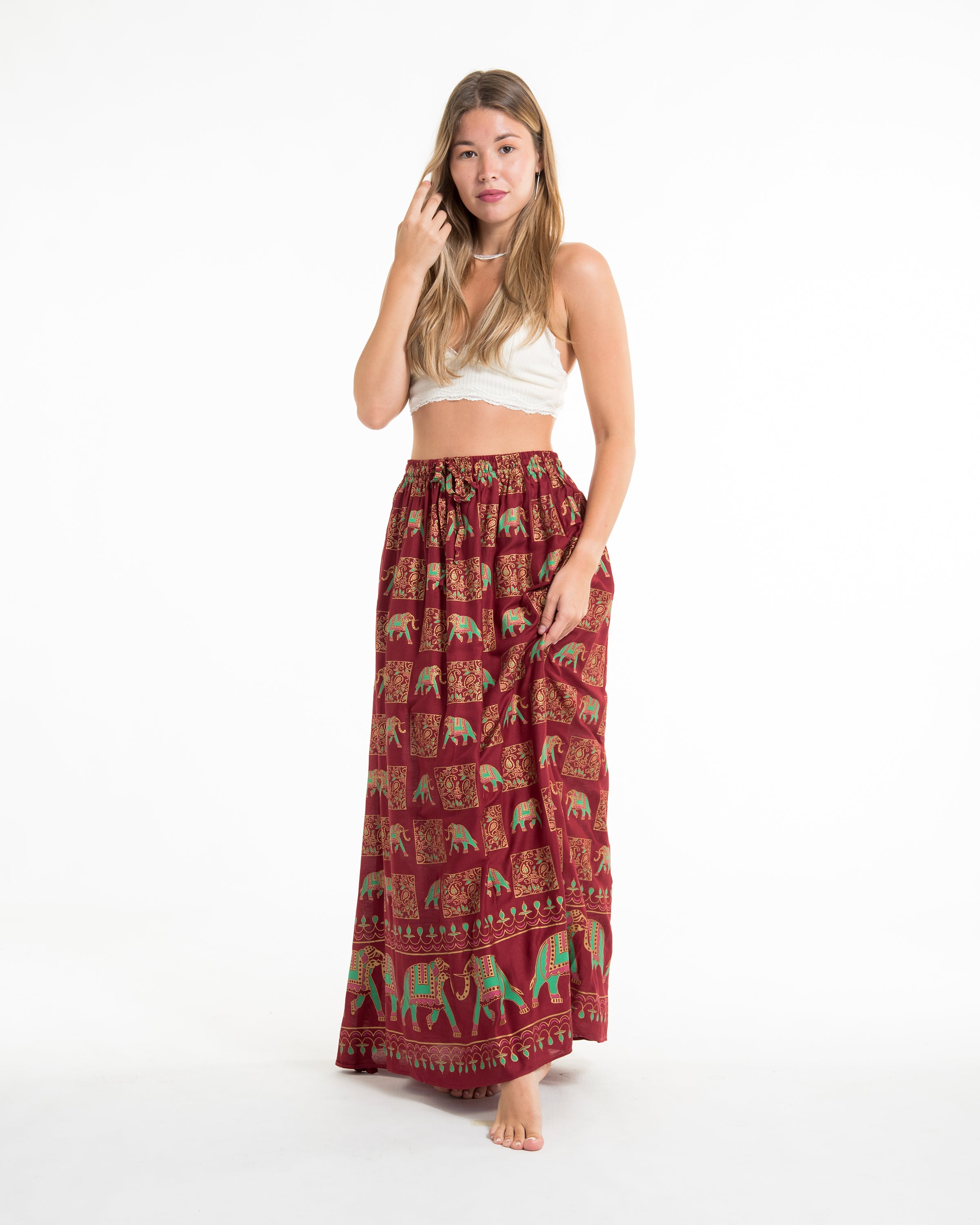 Elephant Print Midi Skirt in Maroon