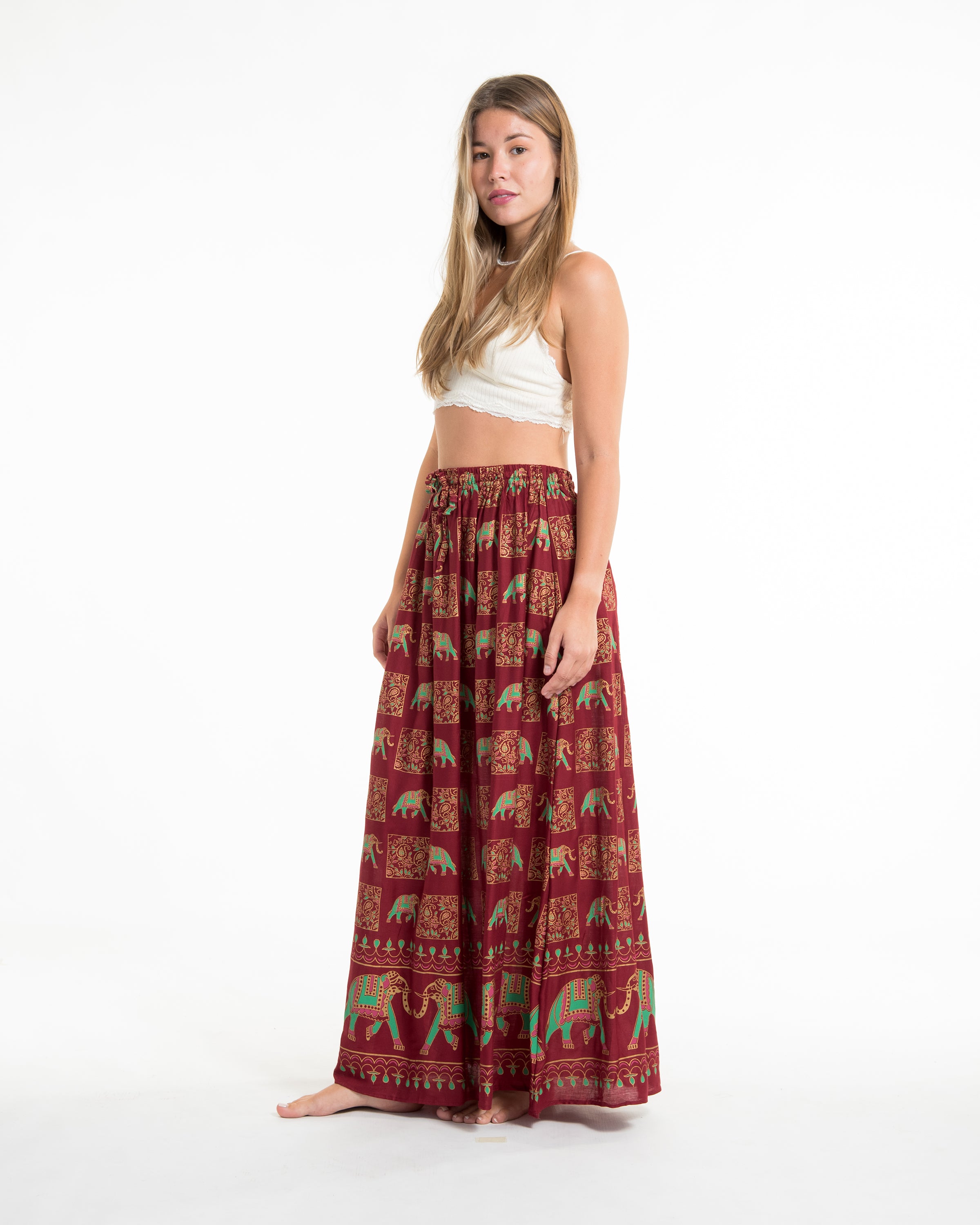 Elephant Print Midi Skirt in Maroon