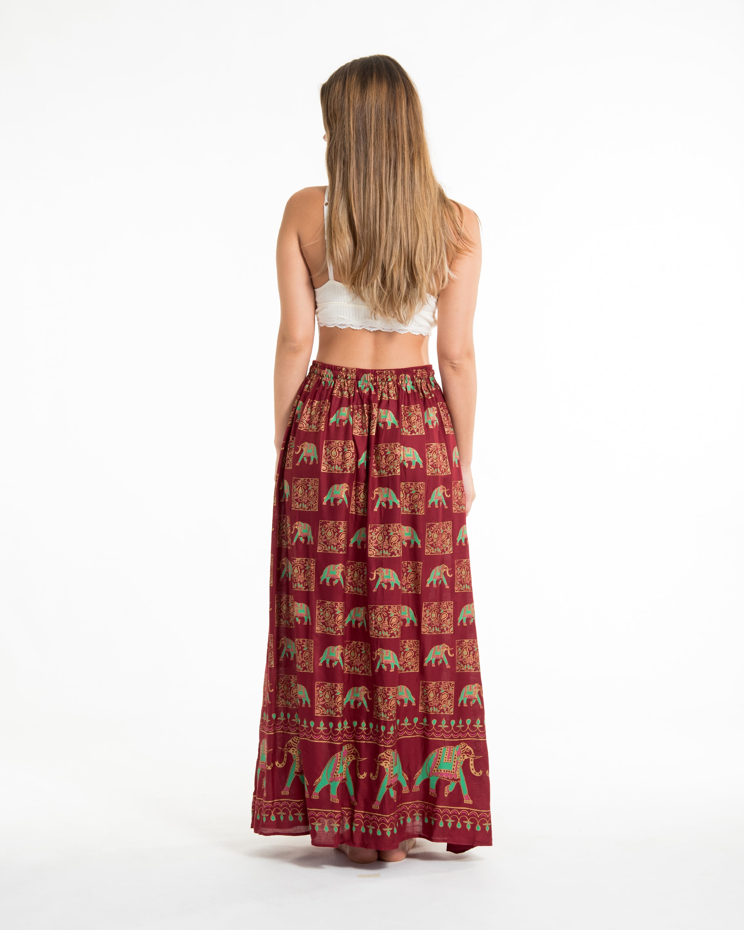 Elephant Print Midi Skirt in Maroon