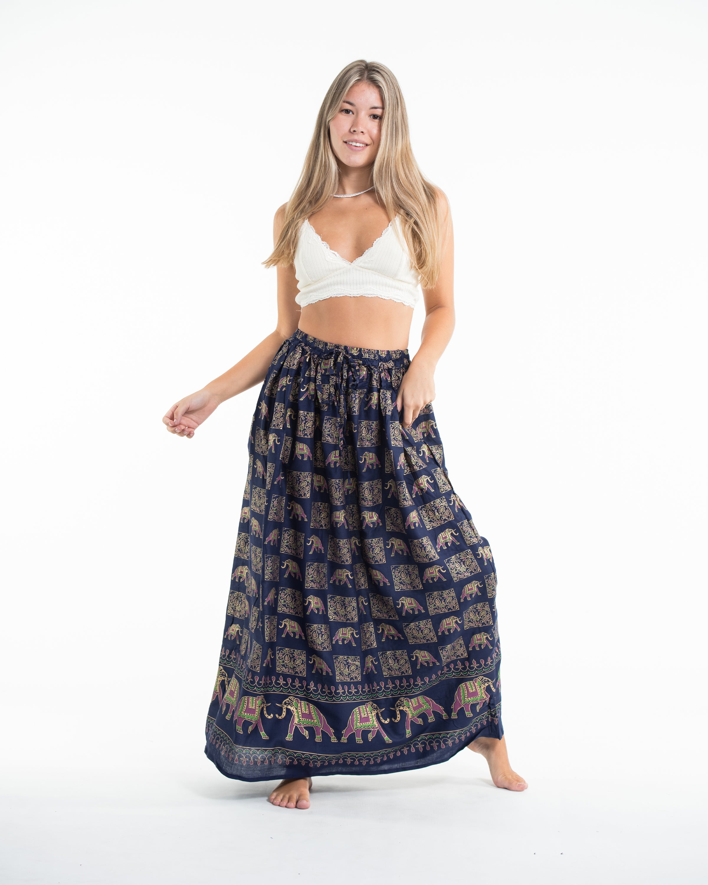 Elephant Print Midi Skirt in Navy
