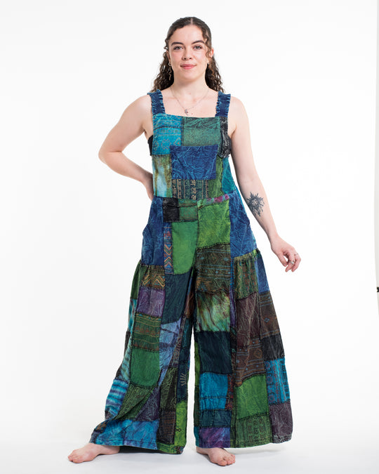 Patchwork Stonewash Overall in Multi Blue