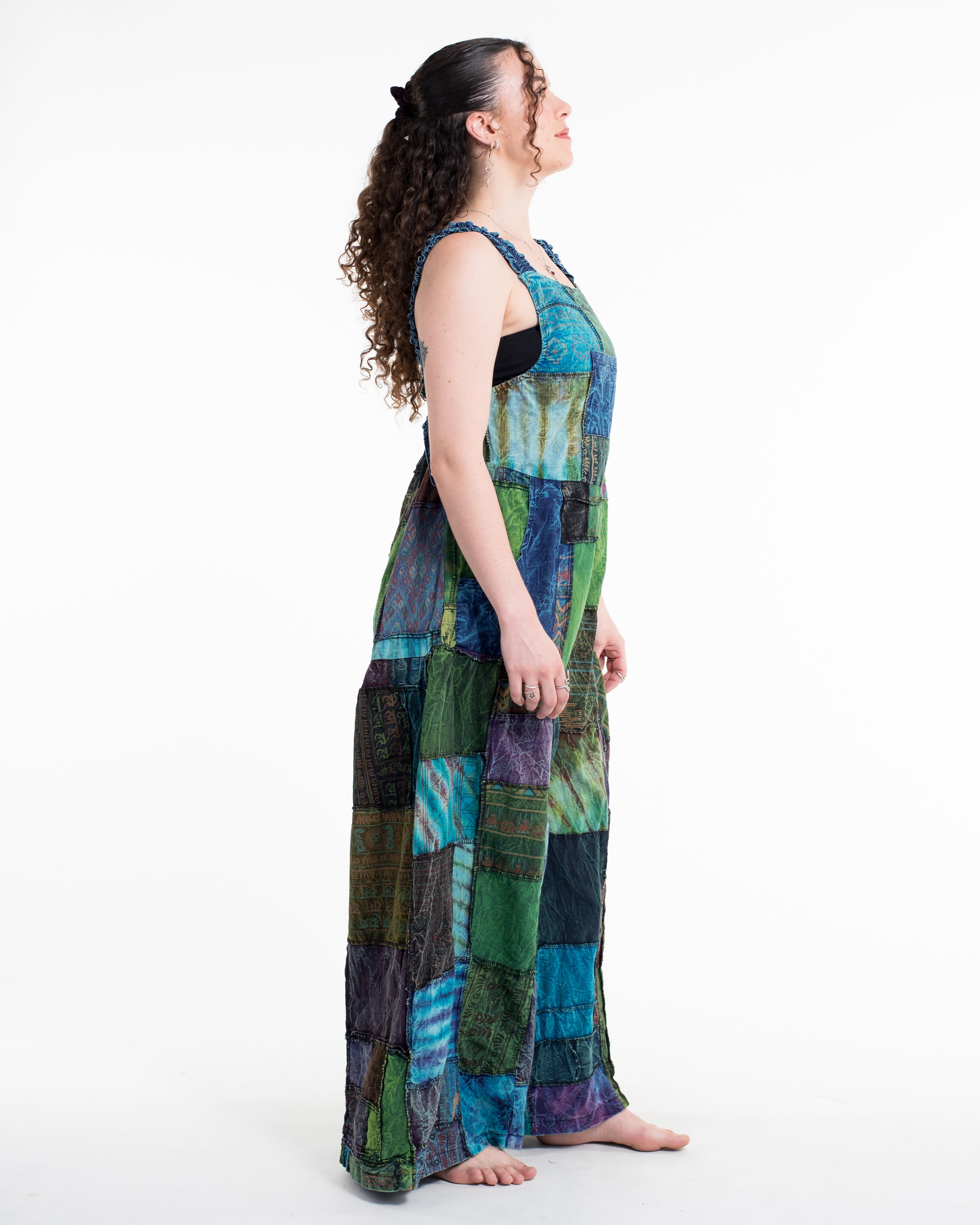 Patchwork Stonewash Overall in Multi Blue