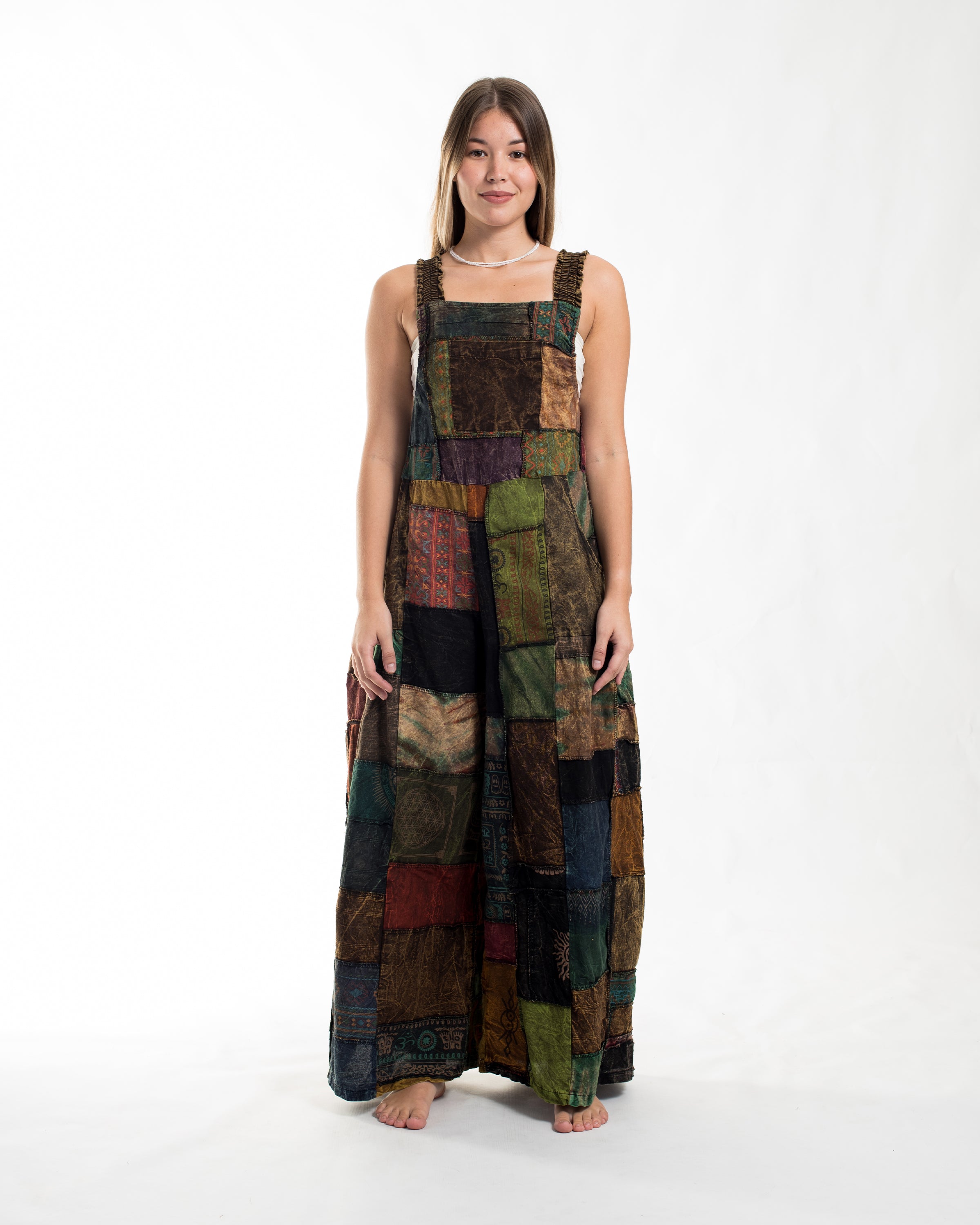 Patchwork Stonewash Overall in Multi Brown