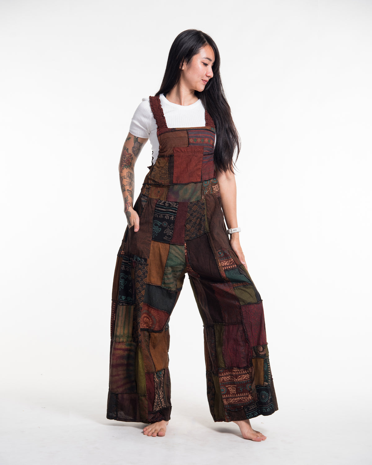 Patchwork Stonewash Overall in Multi Brown
