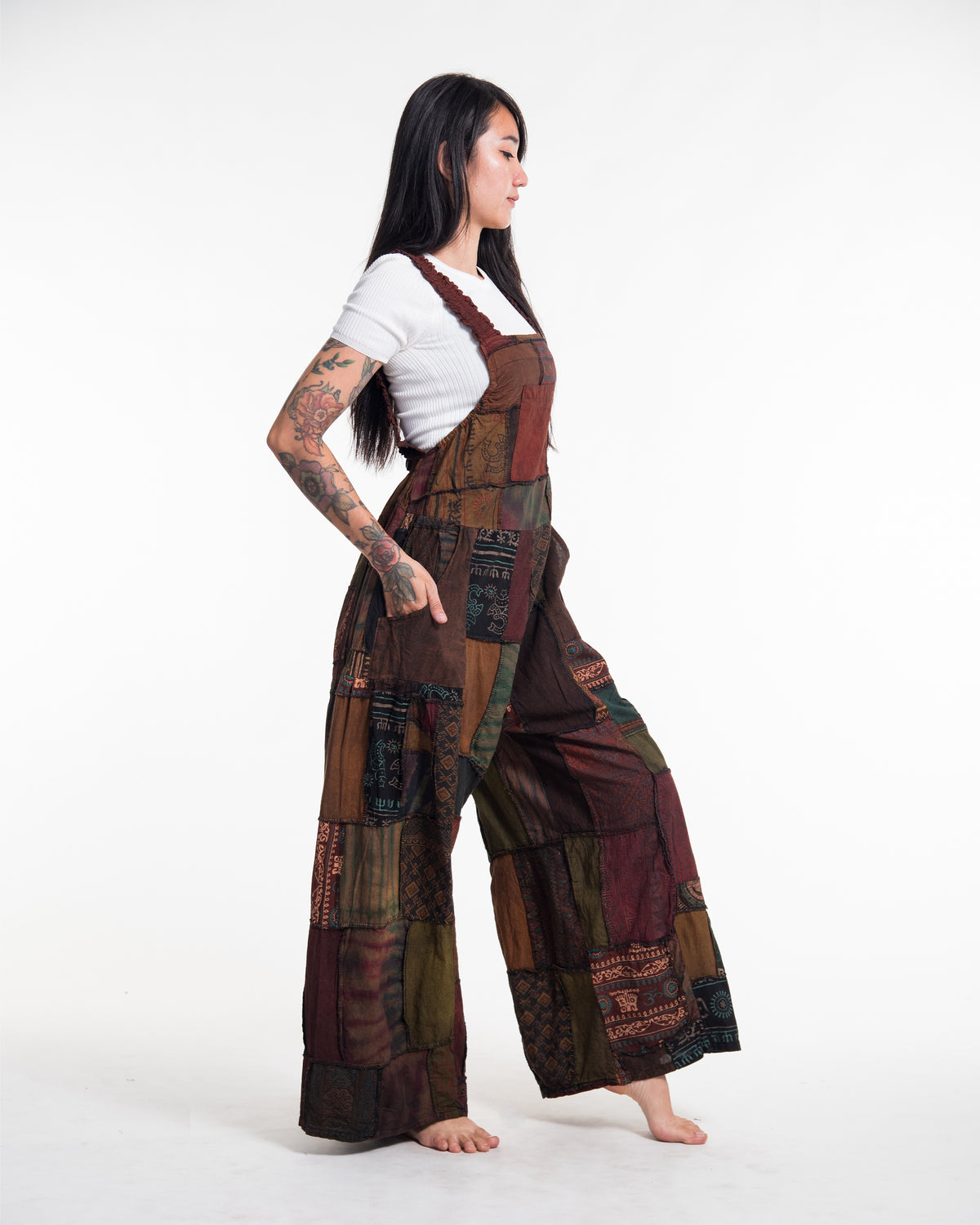 Patchwork Stonewash Overall in Multi Brown
